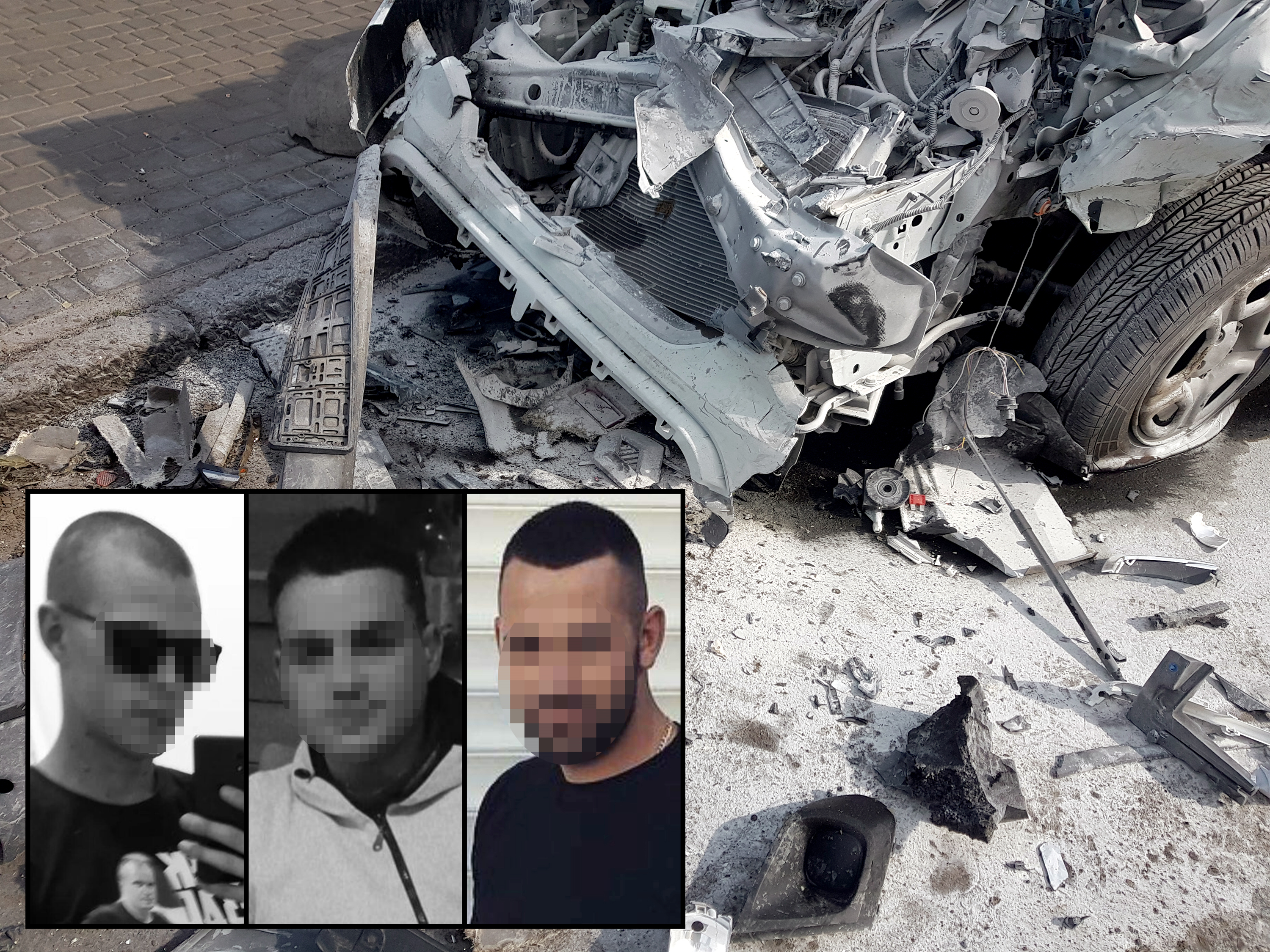 front part of suv car destroyed by accident frontal impact and covered with layer of white foam after extinguishing car in disaster, close up of damaged parts after head-on collision of the crossover. poginuli mladici