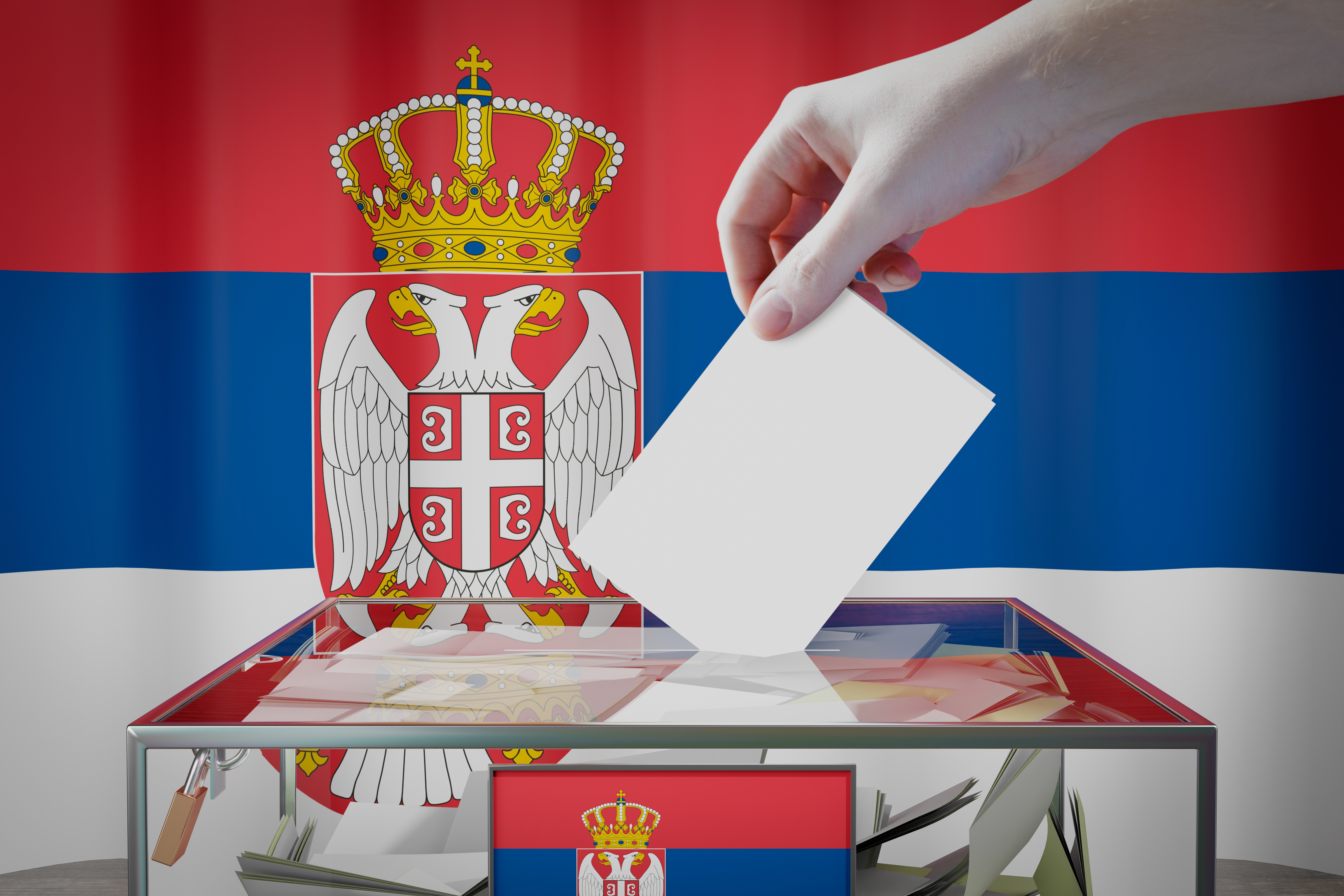 Serbia,Flag,,Hand,Dropping,Ballot,Card,Into,A,Box,-