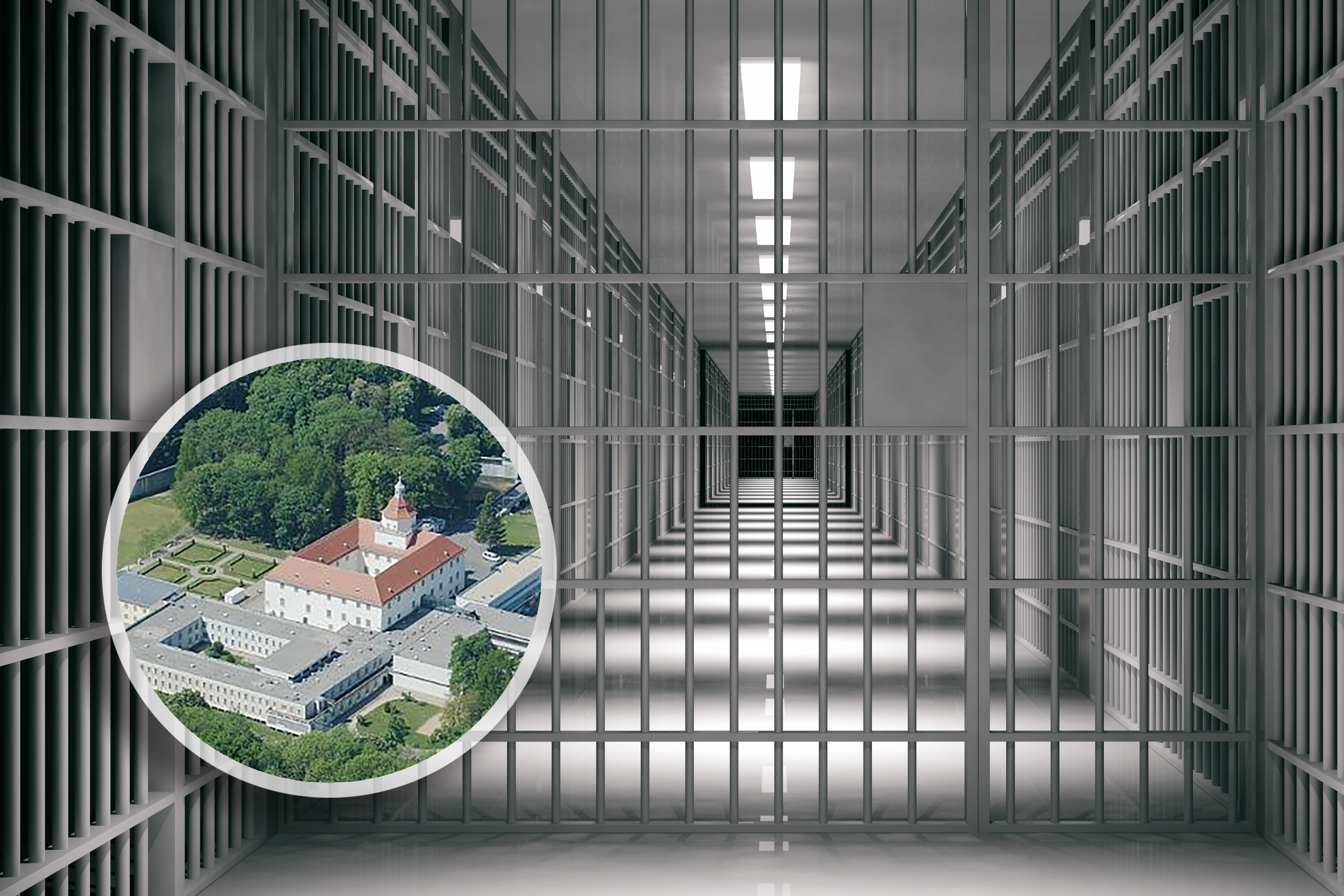 Zatvor Austrija  kombo Prison interior. Jail cells and shadows, dark background. 3d illustration