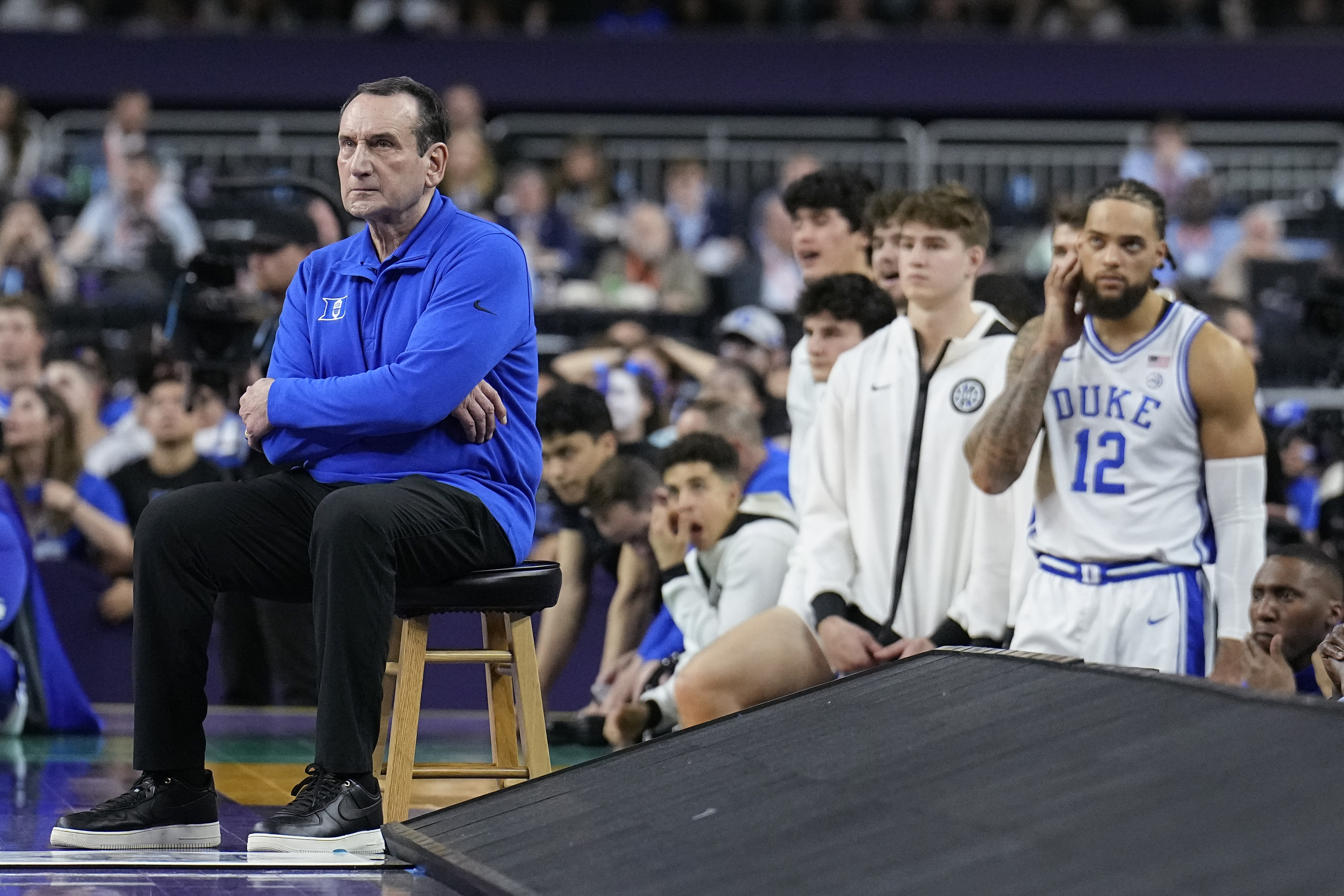 Duke head coach Mike Krzyzewski watches during the second half of a college basketball game against North Carolina in the semifinal round of the Men's Final Four NCAA tournament, Saturday, April 2, 2022, in New Orleans. (AP Photo/Brynn Anderson)