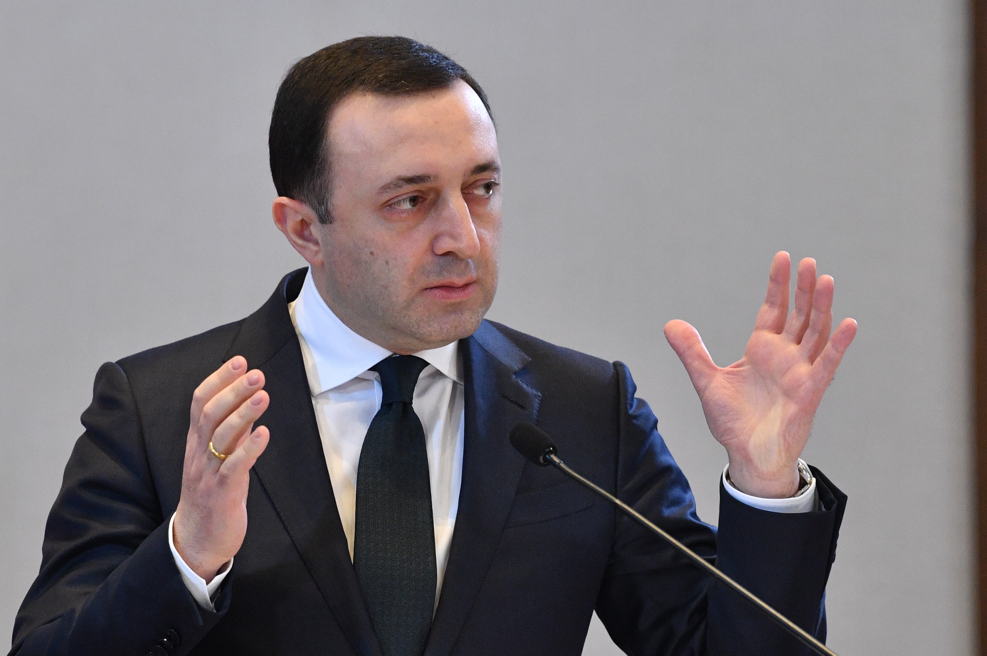 epa09830982 Georgian Prime Minister Irakli Garibashvili speaks during a joint press conference with his Polish counterpart following their meeting in Batumi, Georgia, 17 March 2022.  EPA-EFE/Radek Pietruszka POLAND OUT