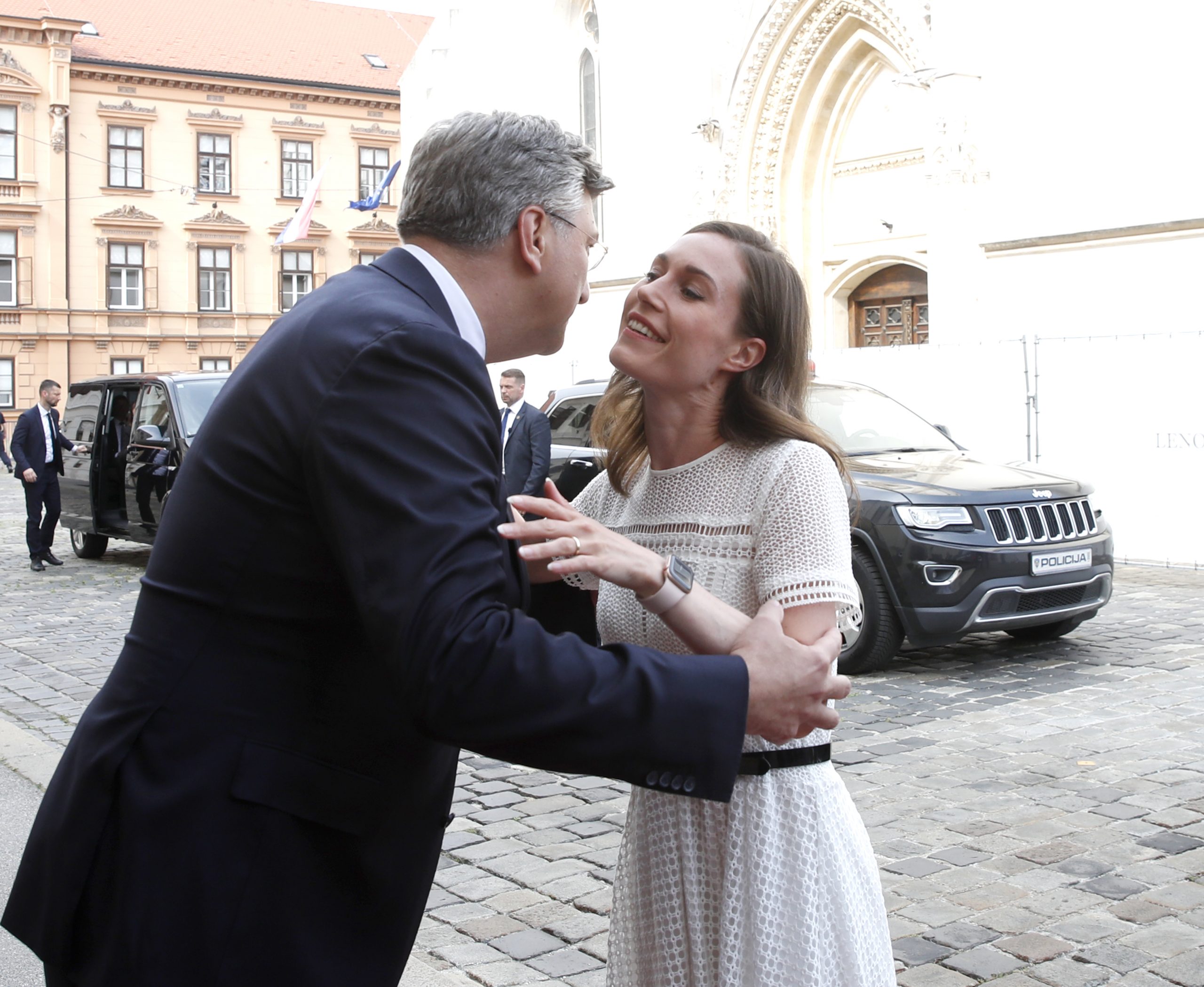 epa10025633 Croatian Prime Minister Andrej Plenkovic (L) welcomes Finnish Prime Minister Sanna Marin in Zagreb, Croatia, 21 June 2022. Marin is on an official visit to Croatia.  EPA-EFE/ANTONIO BAT