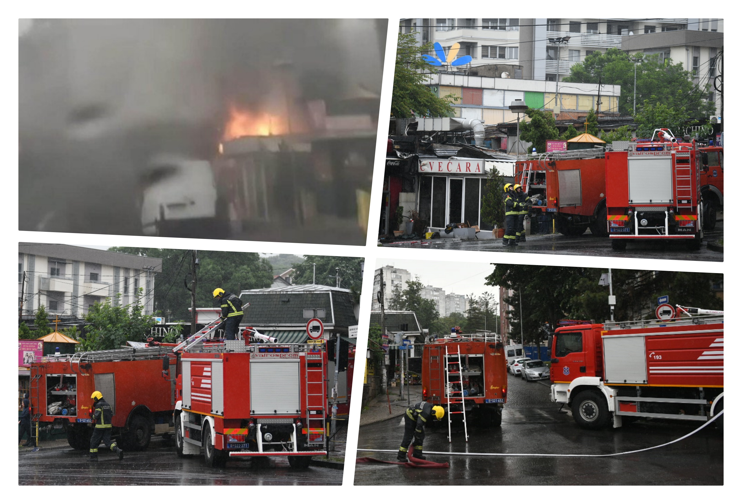 Beograd,28.05.2022. Banovo Brdo, Požar, gori restoran brze hrane, vatrogasci, vatrogasna kola Foto: Vesna Lalić/Nova.rs kombo