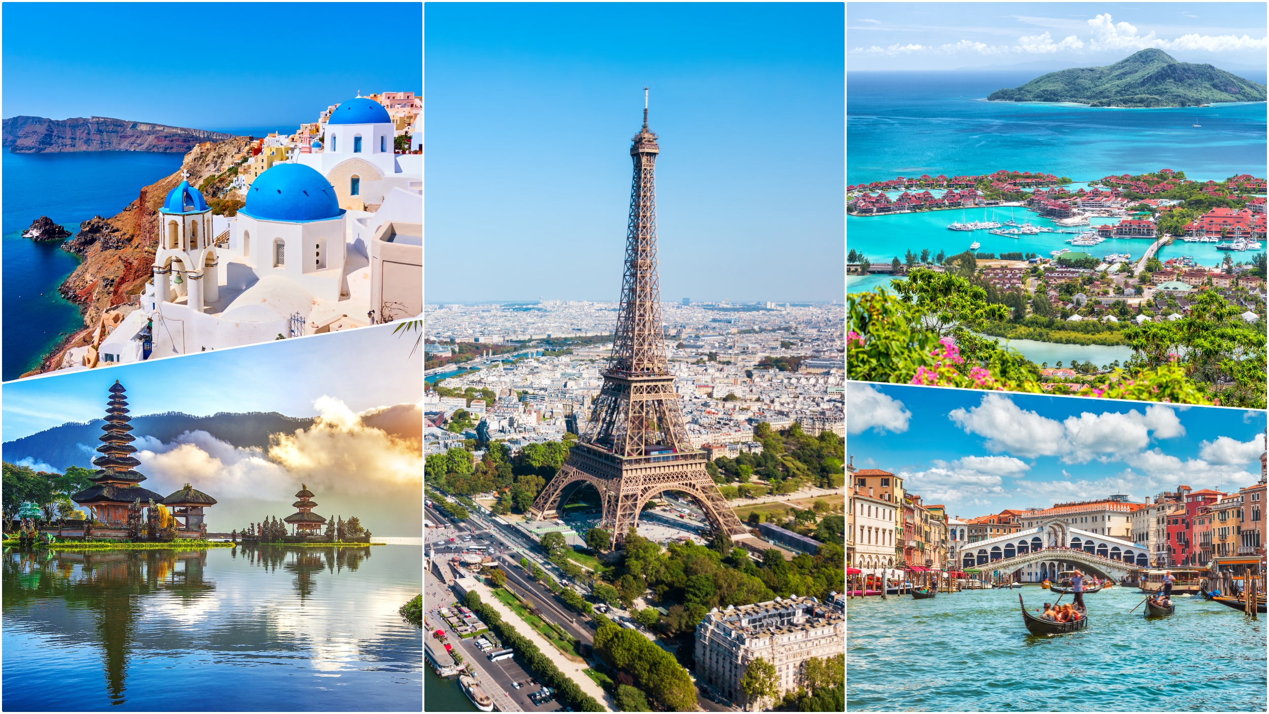 Santorini, Sejšeli, Bali, Pariz, Venecija