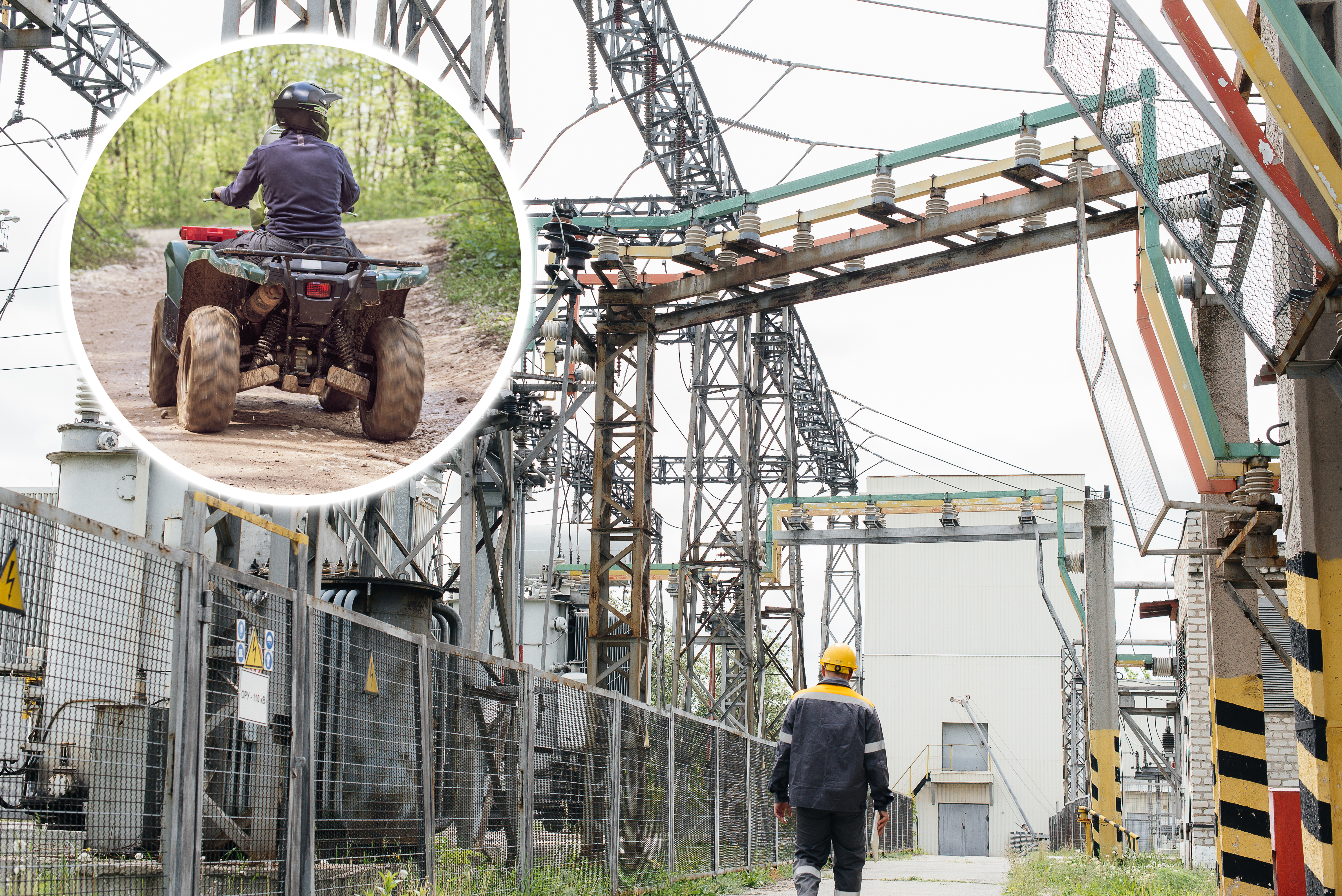 An engineering employee makes a tour and inspection of a modern electrical substation. Energy. Industry, kvad, ems