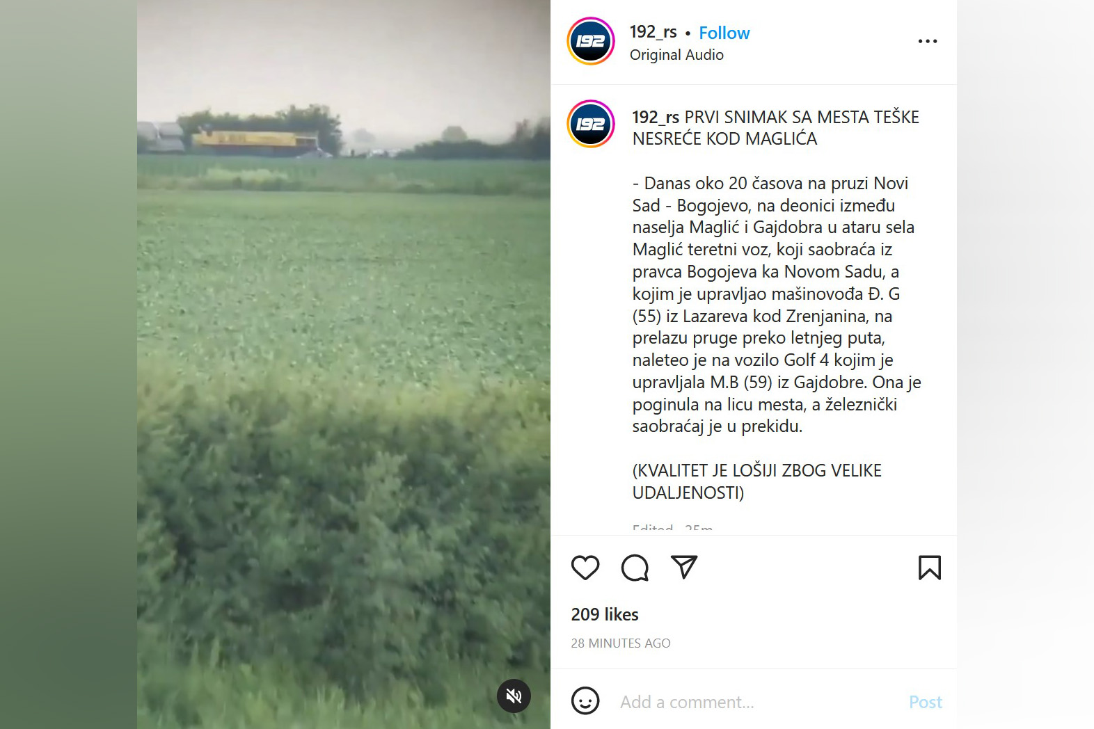 Voz, nesreća Foto: Printscreen/Instagram/192_rs