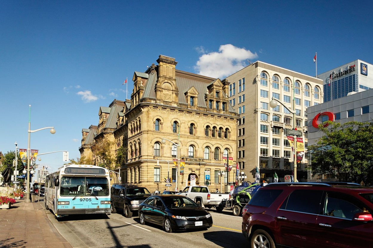 Historic architecture mixed with contemporary line Rue Wellington. Wellington Street on Parliament Hill Ottawa Ontario Canada