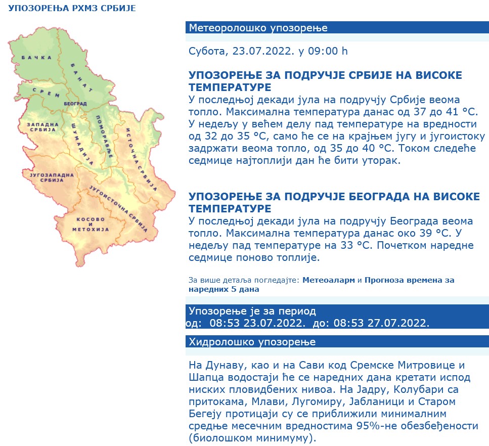 Prognoza, vreme, Hidrometeorološki zavod Foto: hidmet.gov.rs