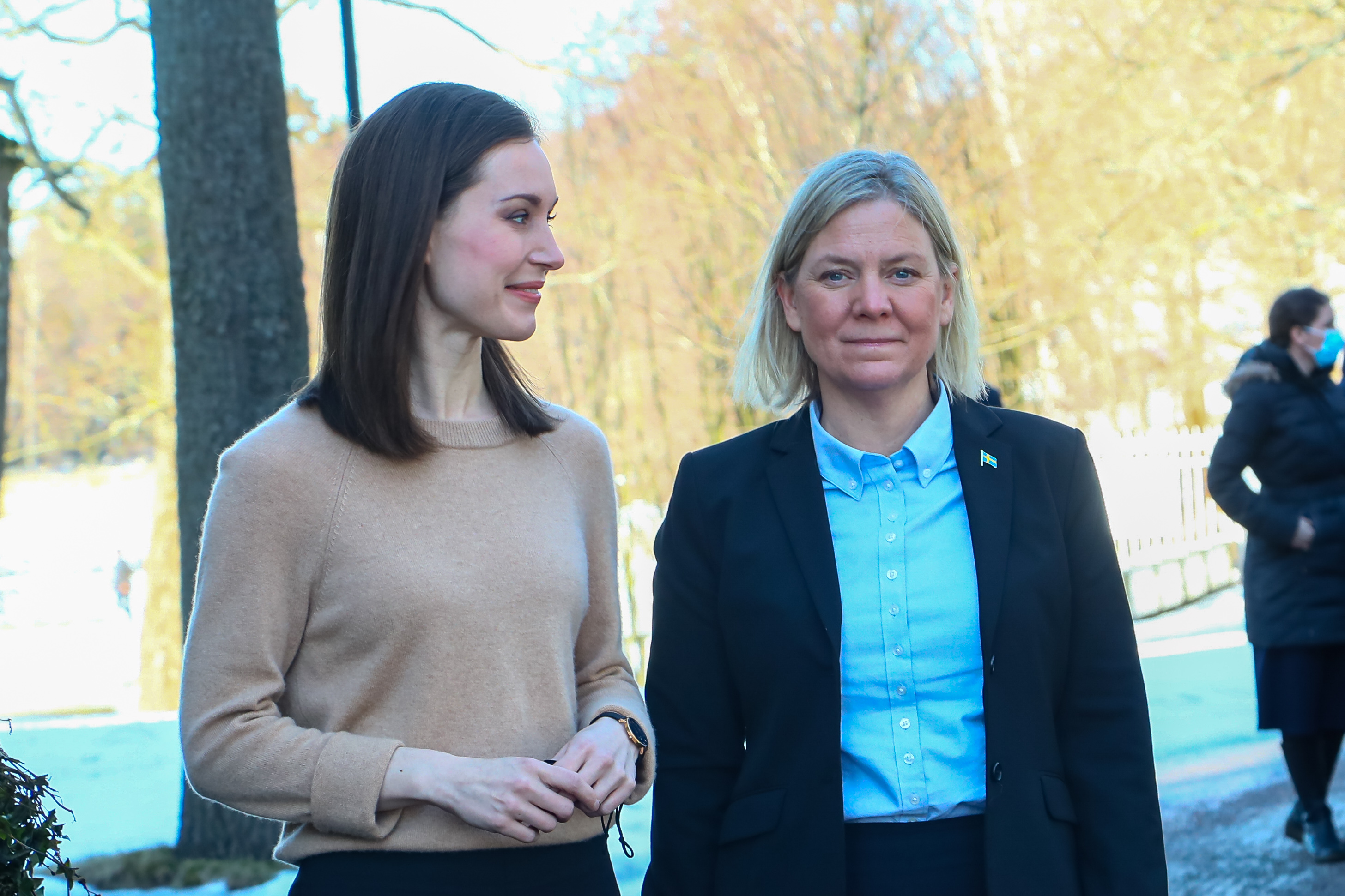 epa09803184 Prime Minister of Finland Sanna Marin (L) welcomes Prime Minister of Sweden Magdalena Andersson (R) during her official visit to Finland, at the Prime Minister's Official Residence in Helsinki, Finland, 05 March 2022.  EPA-EFE/MAURI RATILAINEN