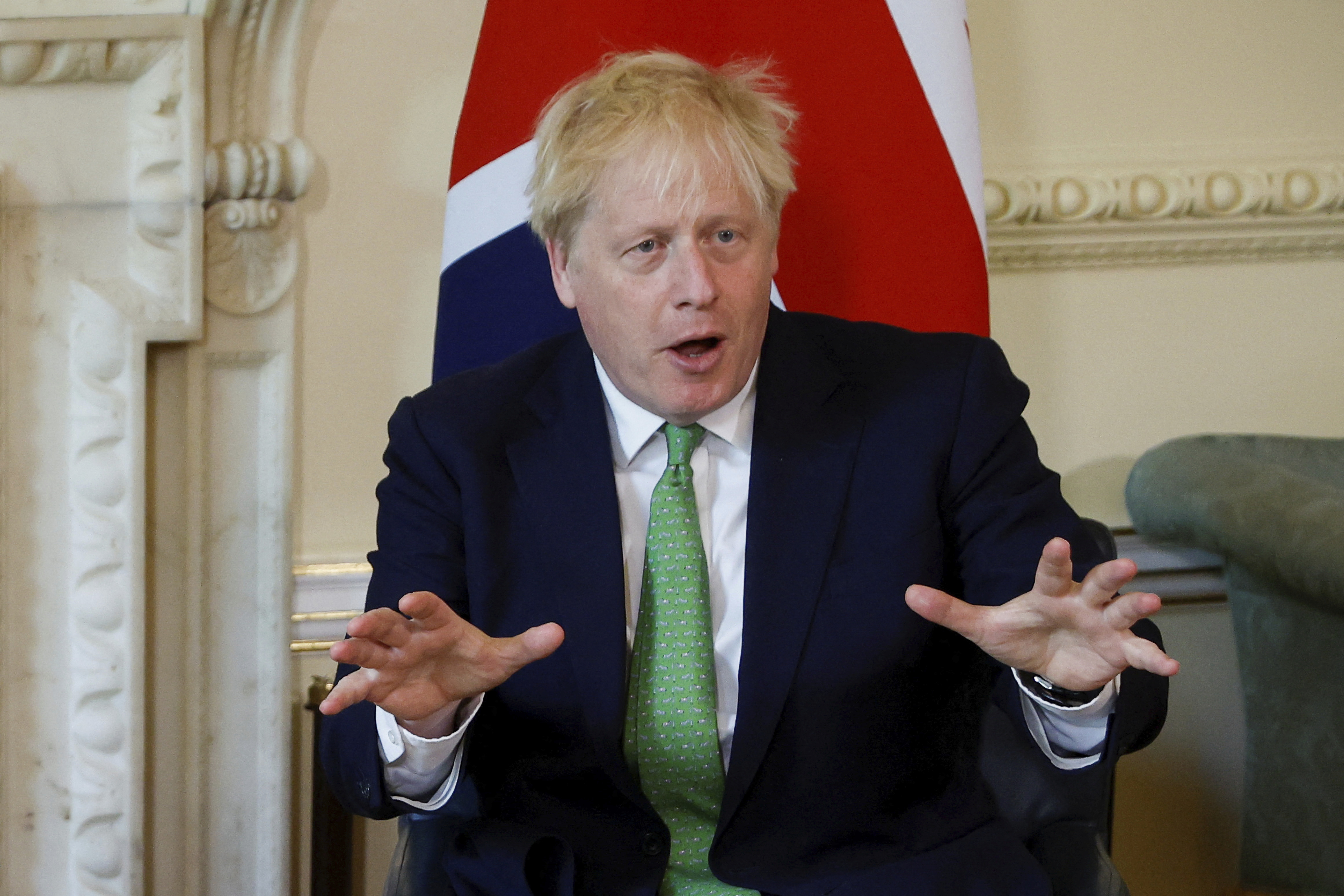 British Prime Minister Boris Johnson attends a meeting with New Zealand Prime Minister Jacinda Ardern at Downing Street, in London, Friday July 1, 2022. (John Sibley/Pool Photo via AP)