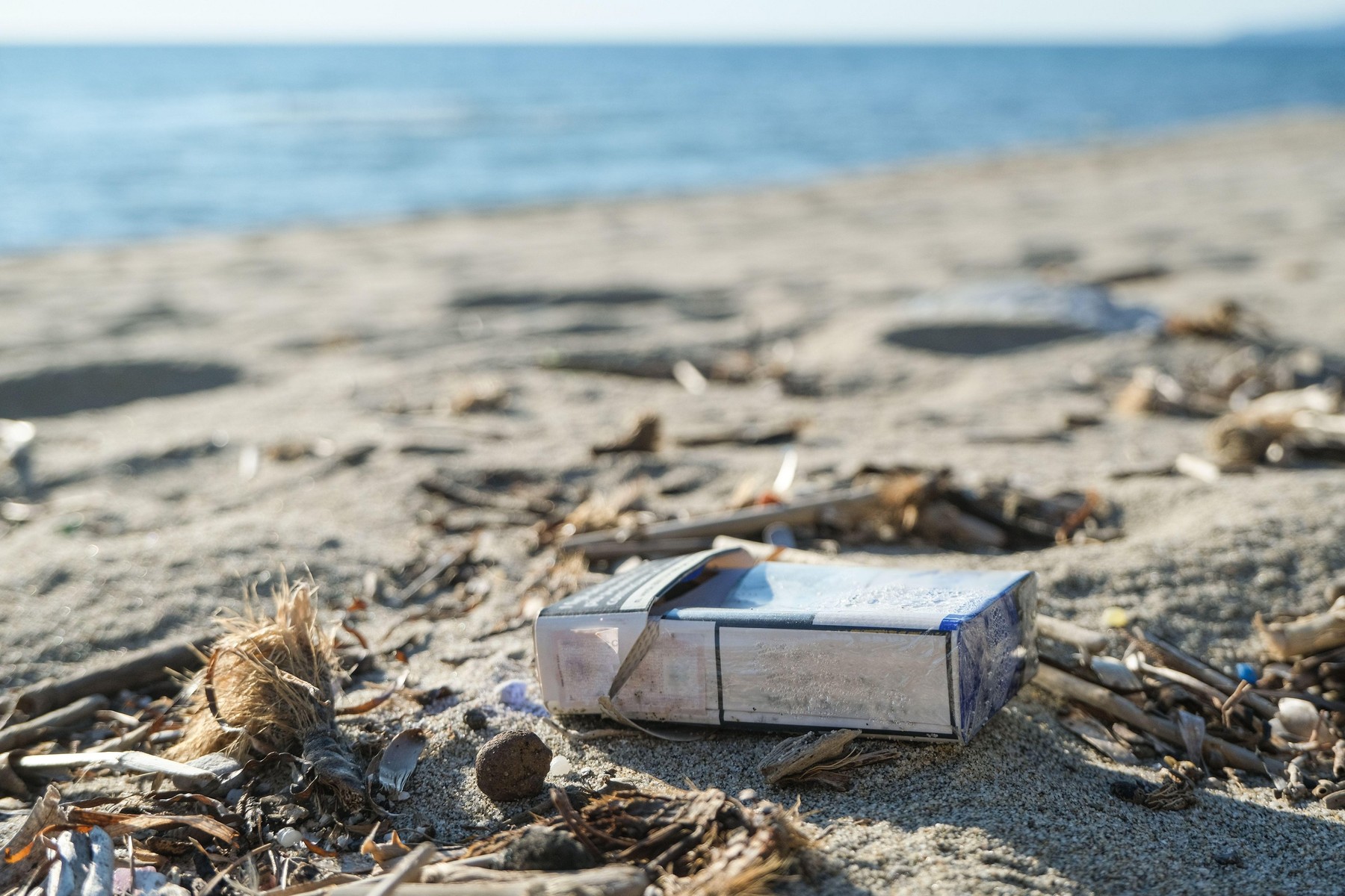 Dirty cigarette pack trash discarded on sea coast ecosystem,environmental pollution issues.,Image: 565306297, License: Royalty-free, Restrictions: , Model Release: no, Credit line: Paolo Galasso / Alamy / Alamy / Profimedia