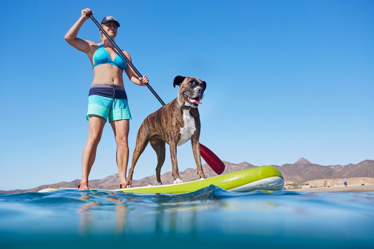 Woman paddle-boarding with dog
