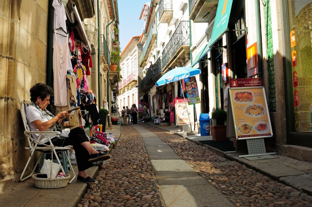 Traditional commercial street in Valença do Minho, Portugal.