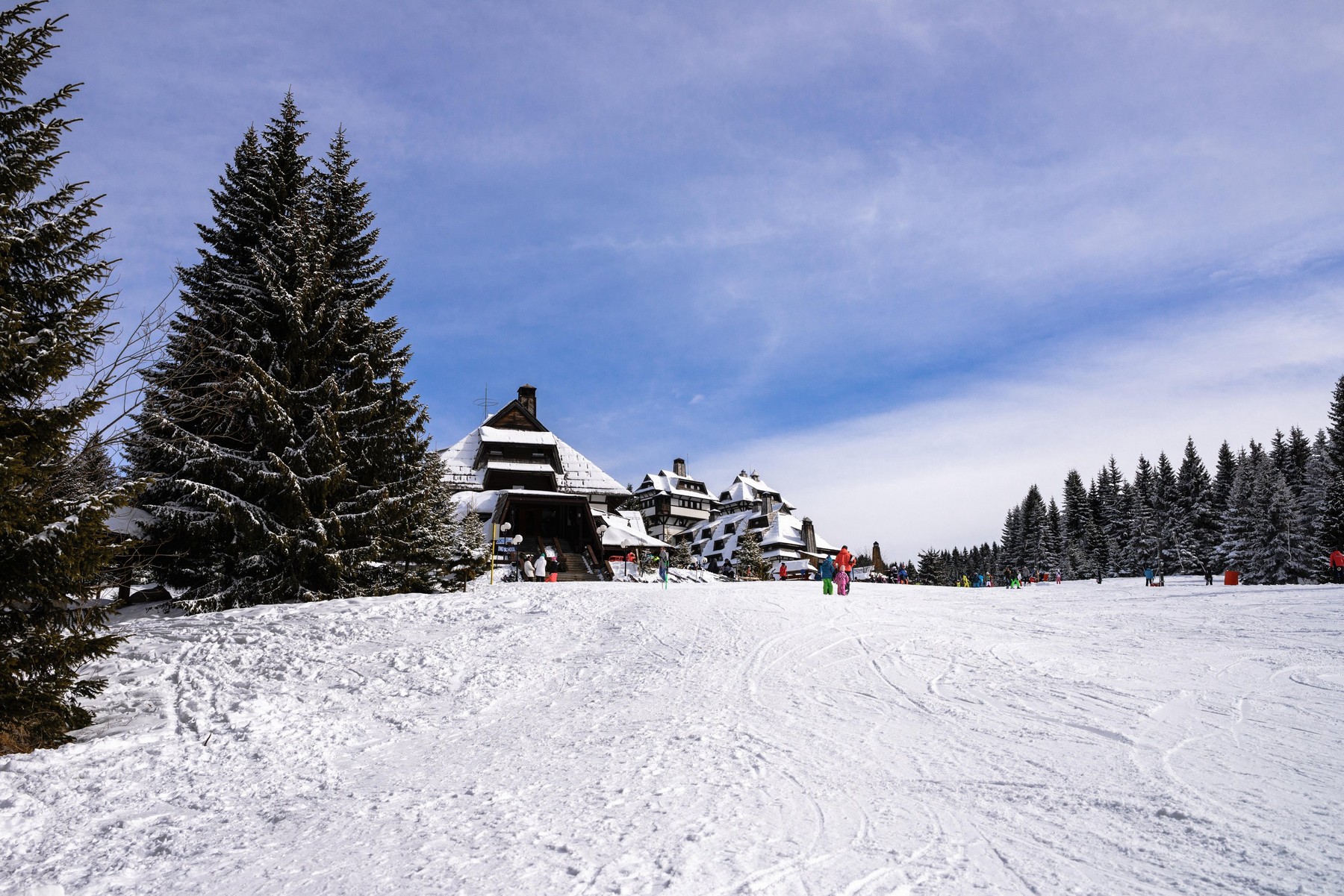 Beginners Ski trace, view to Nebeske Stolice hotel, Kopaonik resort, Serbia.