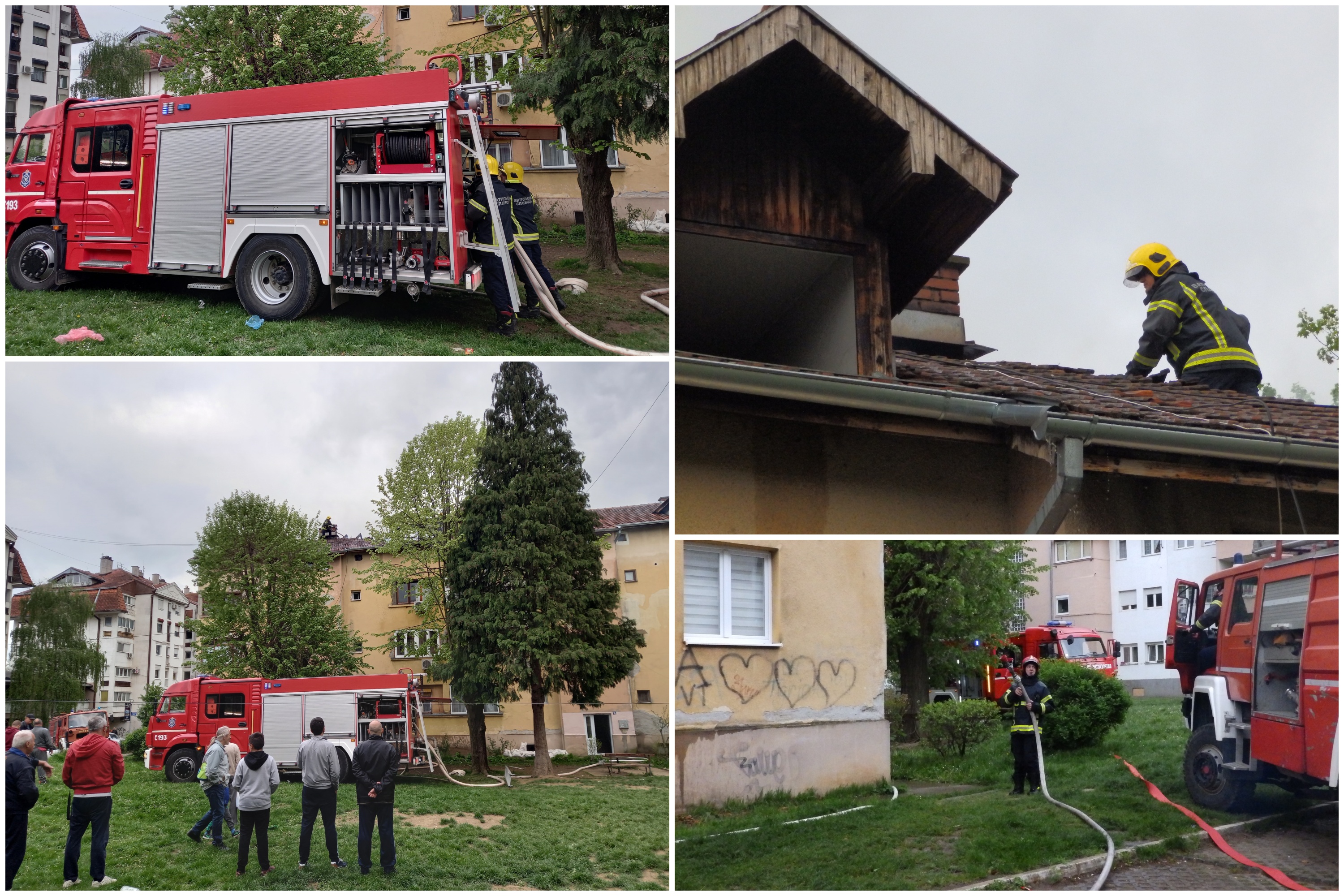 Kraljevo 28.04.2022. Požar u stambenoj zgradi u Kraljevu. Ulica Olge Jovičić, Gradska kolonija, centar Kraljeva, izgorela dva stana u potkrovlju zgrade, kombo Foto: Nova.rs