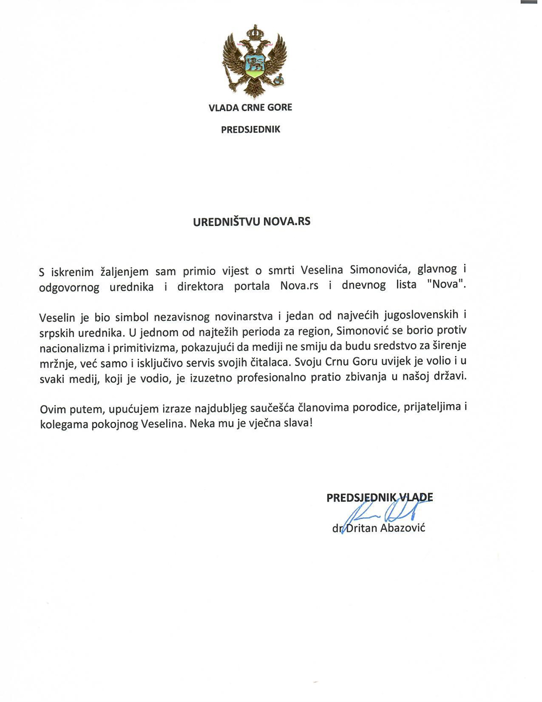 telegram saučešća od vlade crne gore