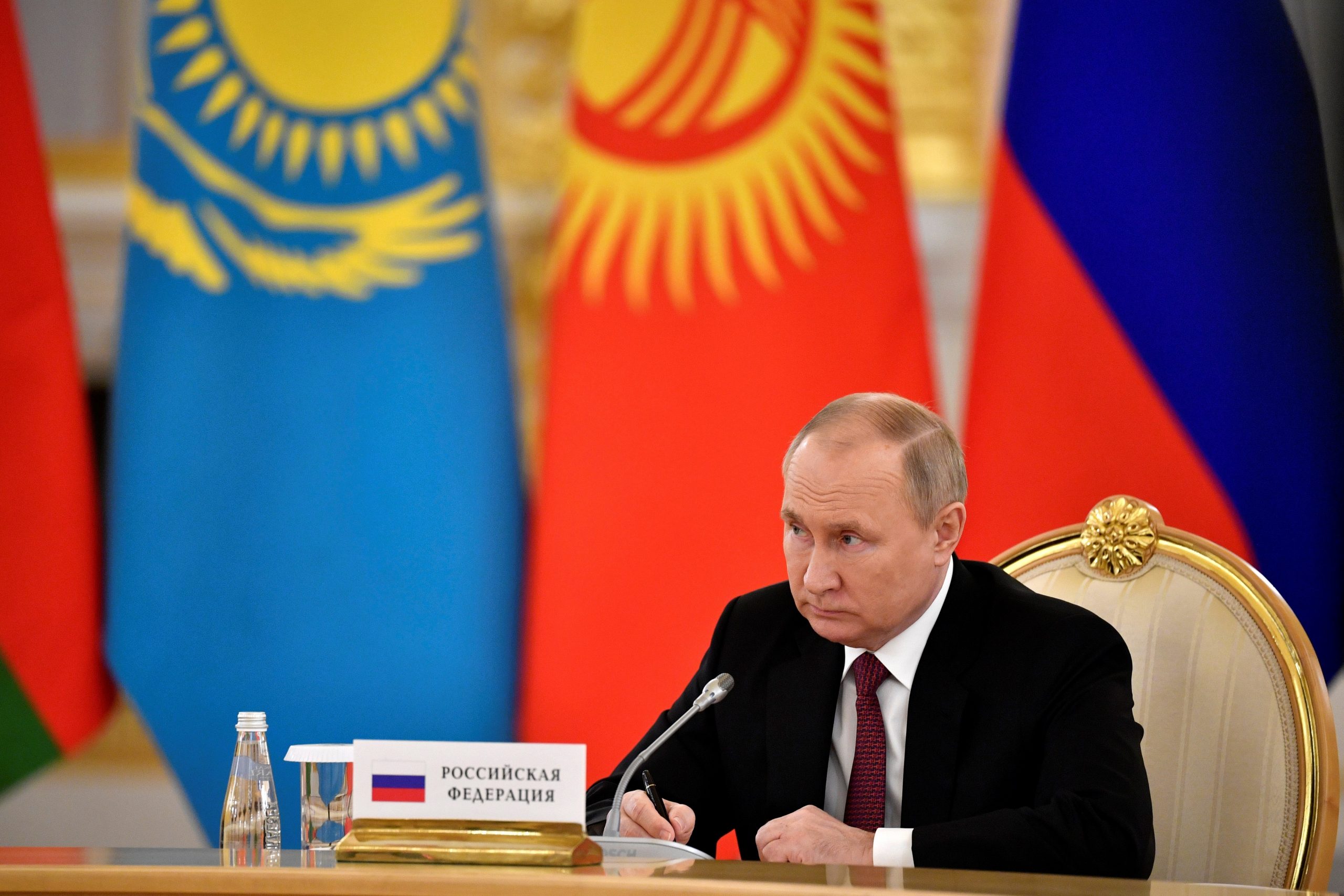 Russian President Vladimir Putin attends a meeting of the leaders of the Collective Security Treaty Organization (CSTO) at the Kremlin in Moscow, Russia, Monday, May 16, 2022. (Alexander Nemenov/Pool Photo via AP)