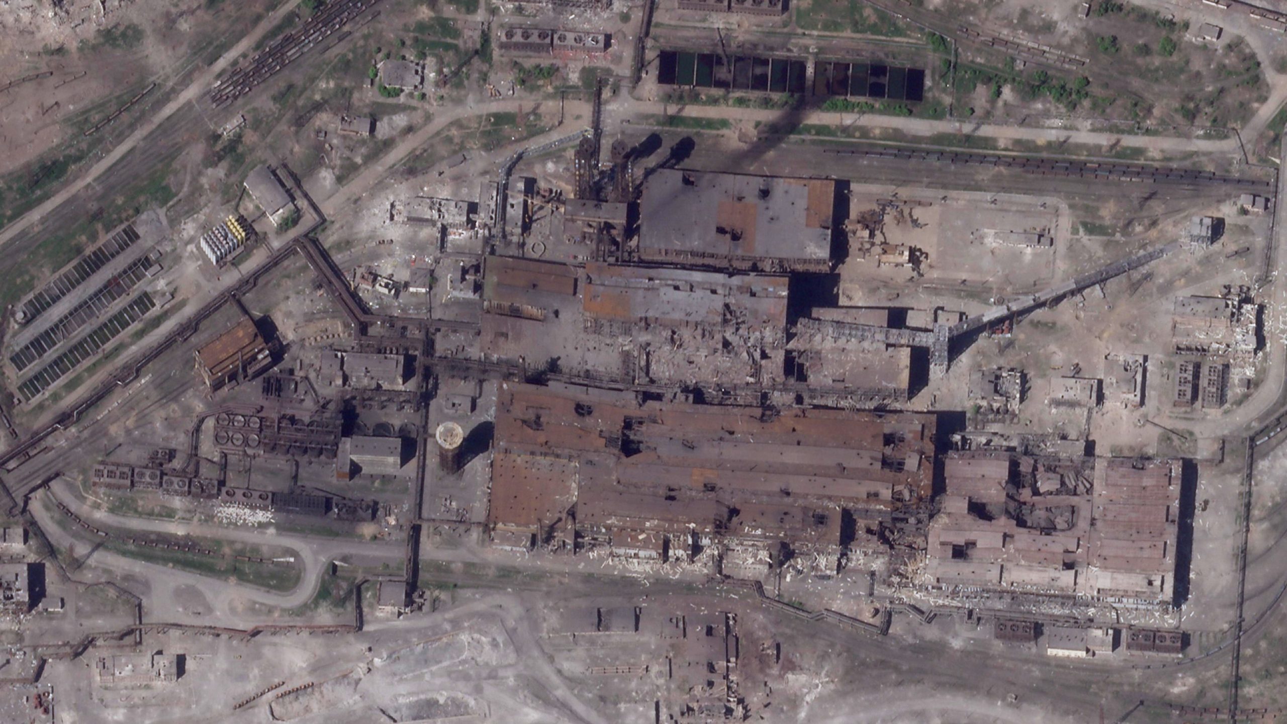 This satellite image taken by Planet Labs PBC shows damage at the Azovstal steelworks in Mariupol, Ukraine, Friday, May 6, 2022. (Planet Labs PBC via AP)