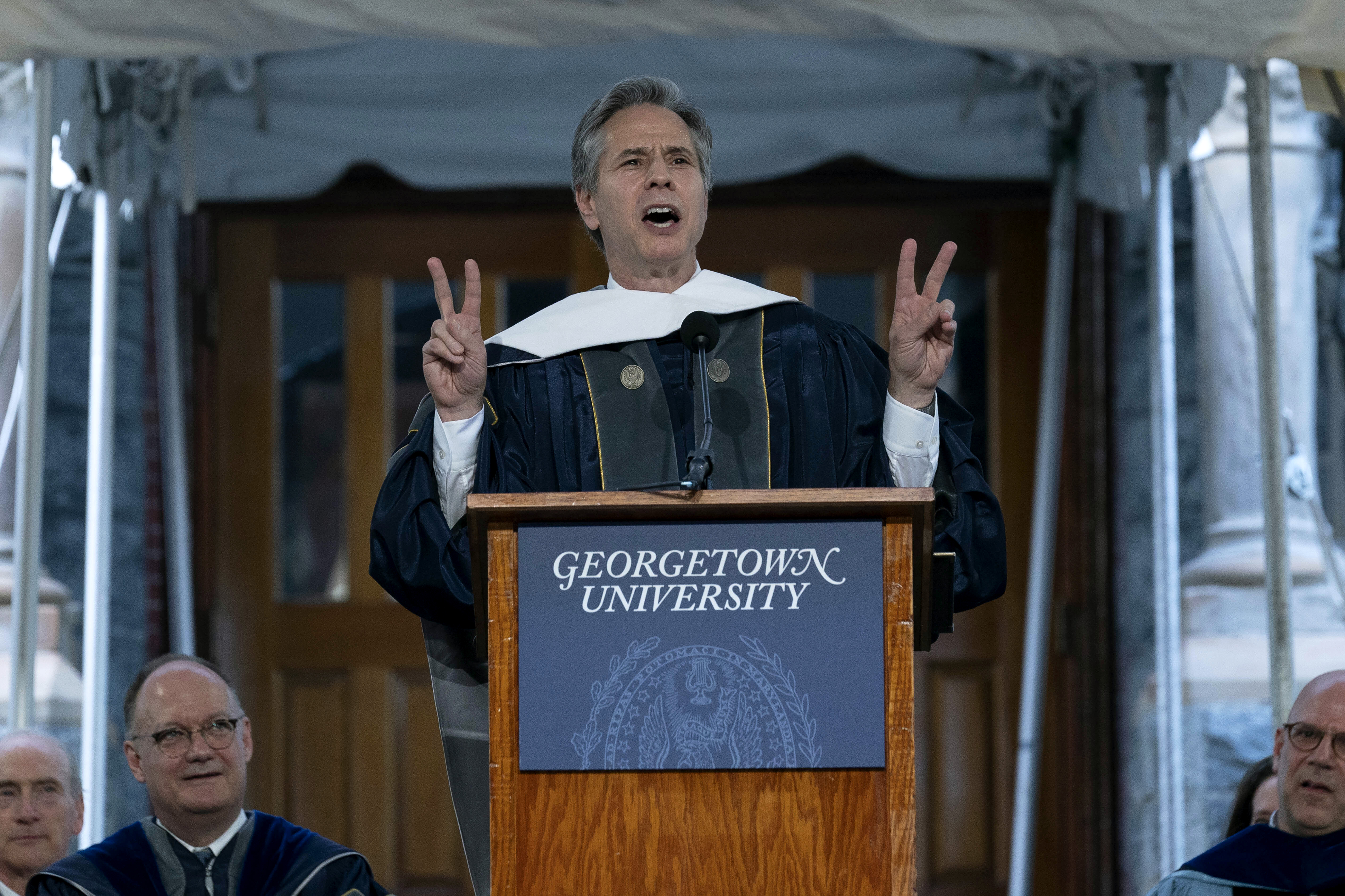 Secretary of State Antony Blinken speaks during the graduation commencement ceremonies for Georgetown University's Class of 2022 at the Walsh School of Foreign Service in Washington, Saturday, May 21, 2022. (AP Photo/Jose Luis Magana)