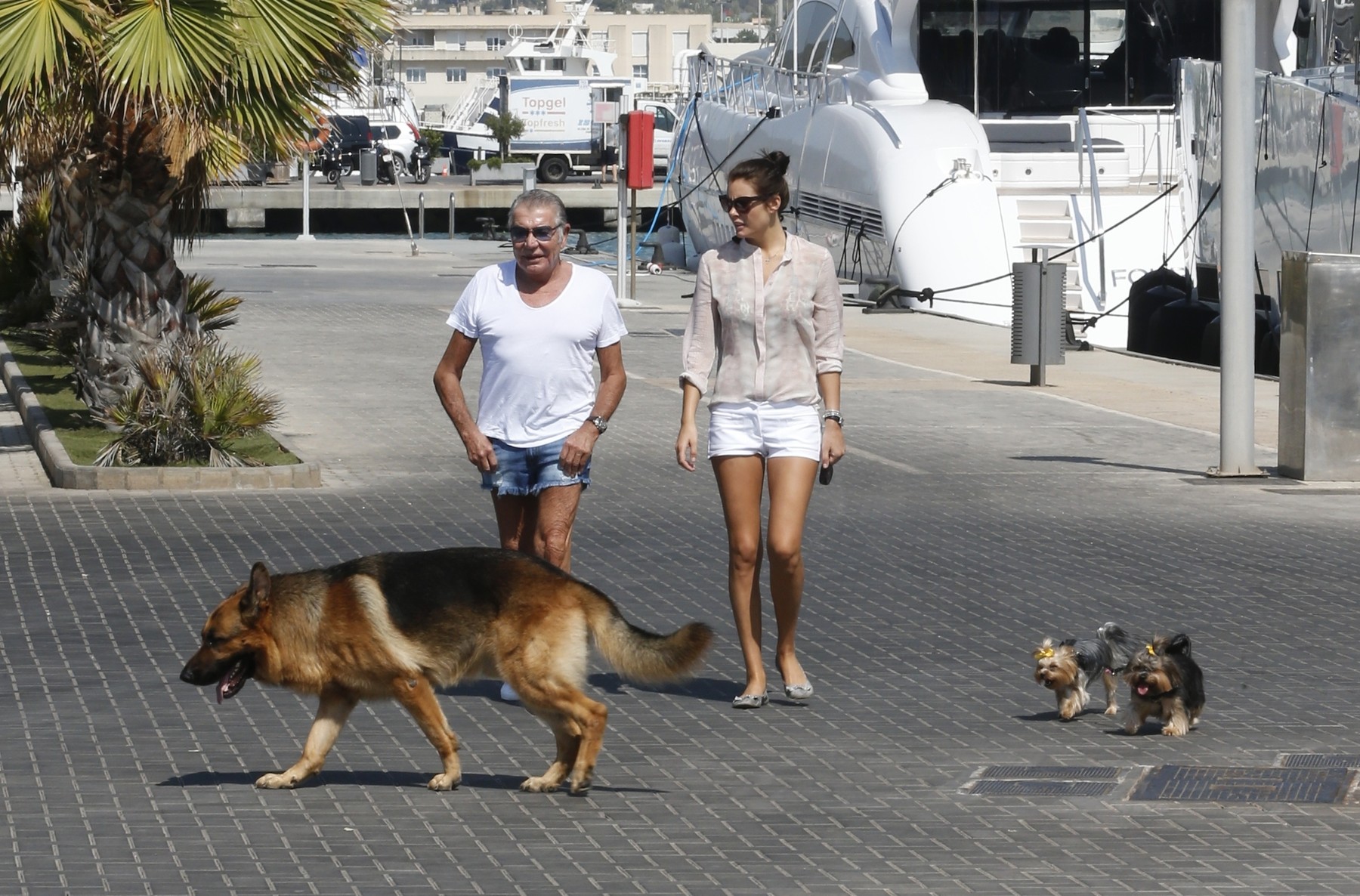 Roberto Cavalli And Girlfriend Walk Their Dogs - Ibiza