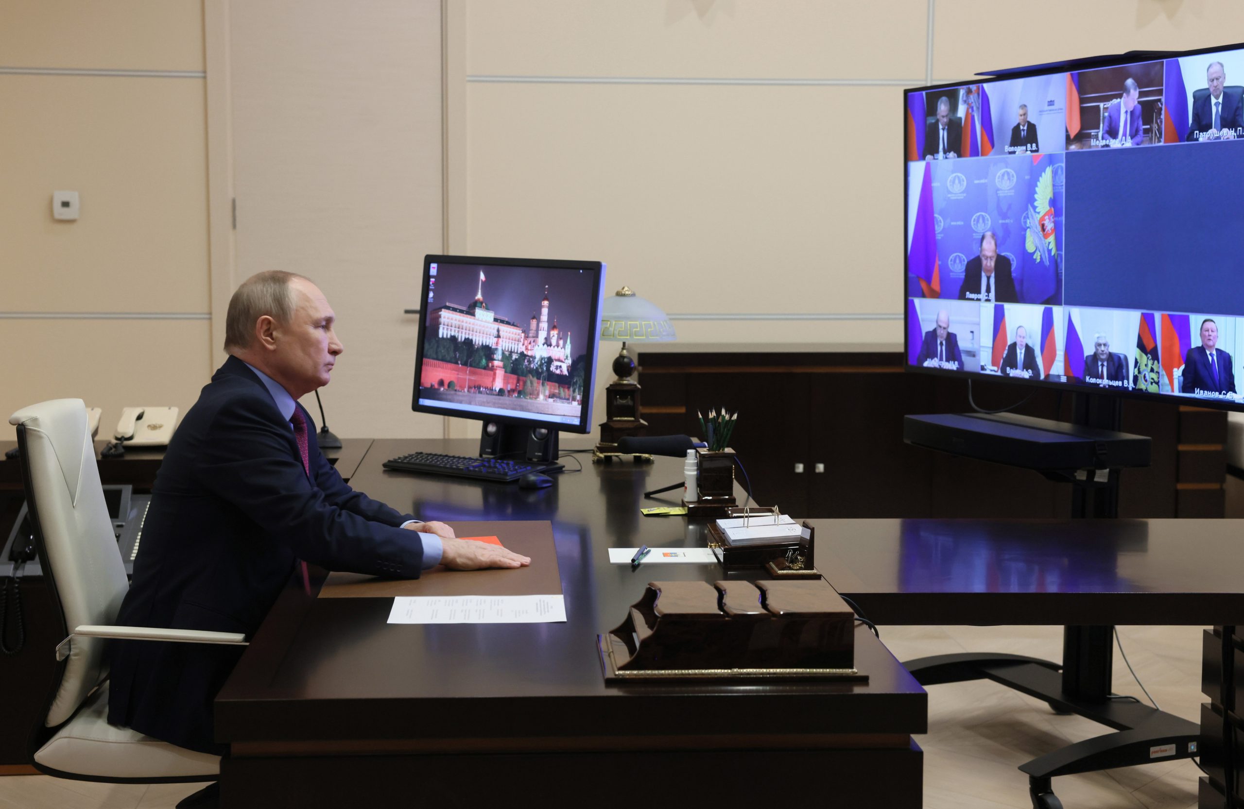 Russian President Vladimir Putin chairs a Security Council meeting via video conference at the Novo-Ogaryovo residence outside Moscow, Russia, Monday, May 30, 2022. (Sputnik, Kremlin Pool Photo via AP)