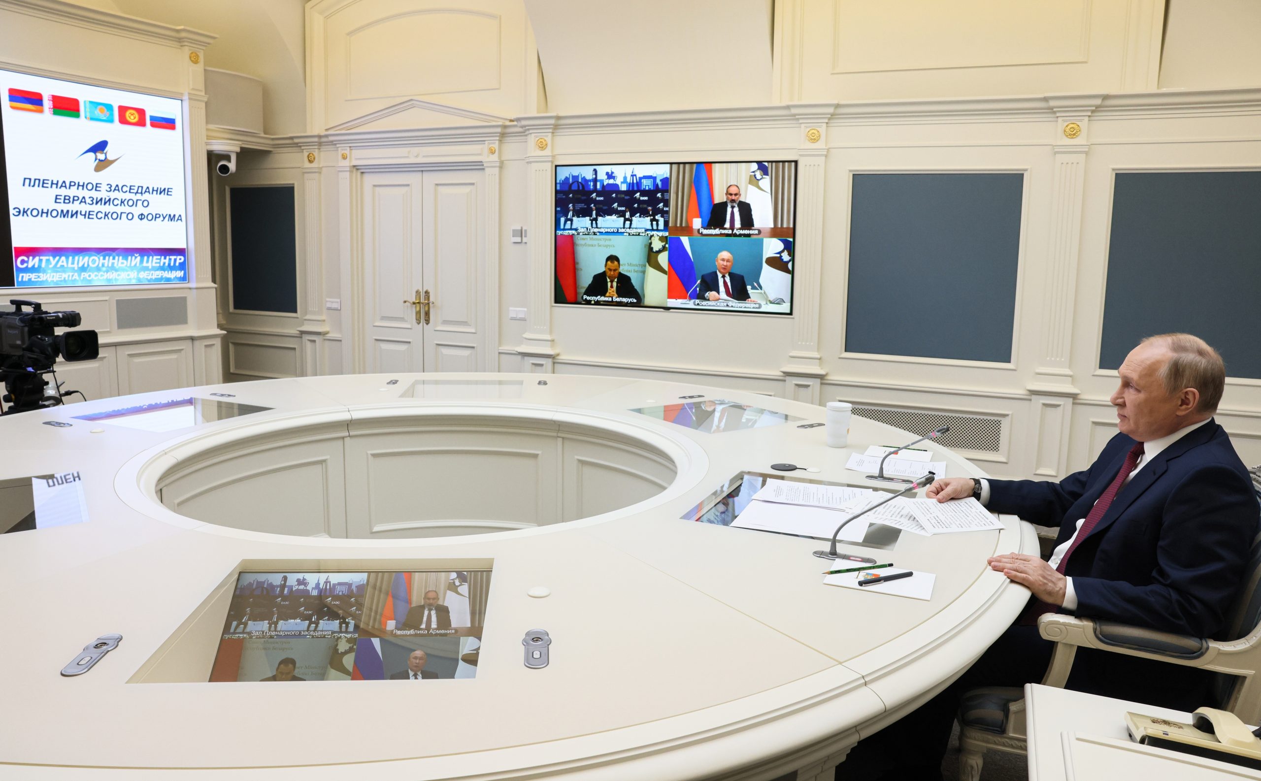 Russian President Vladimir Putin speaks in a video call with heads of states that are members of the Eurasian Economic Forum in Bishkek in Moscow, Russia, Thursday, May 26, 2022. (Mikhail Metzel, Sputnik, Kremlin Pool Photo via AP)