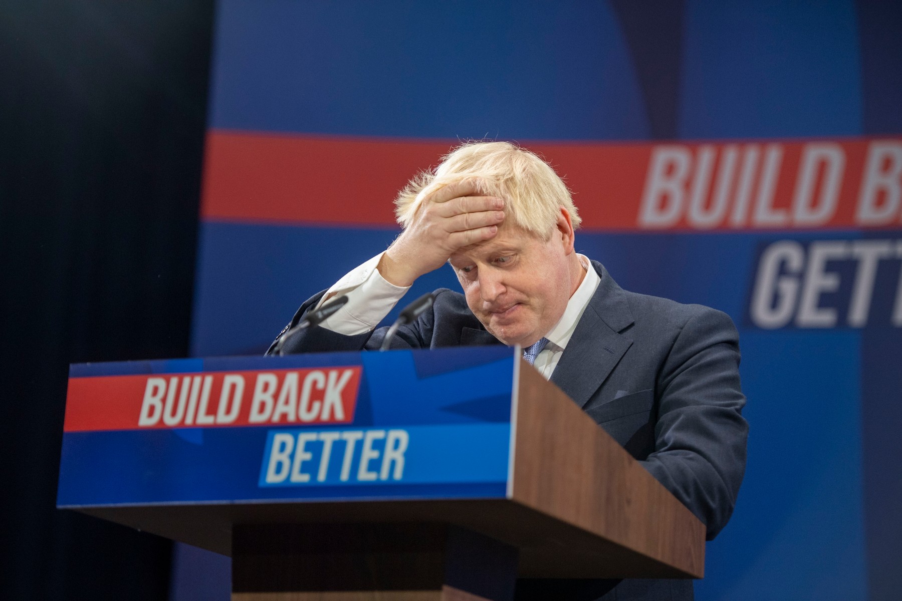 Prime Minister Boris Johnson gives his speach on the last day of the Conservative Party Conference.