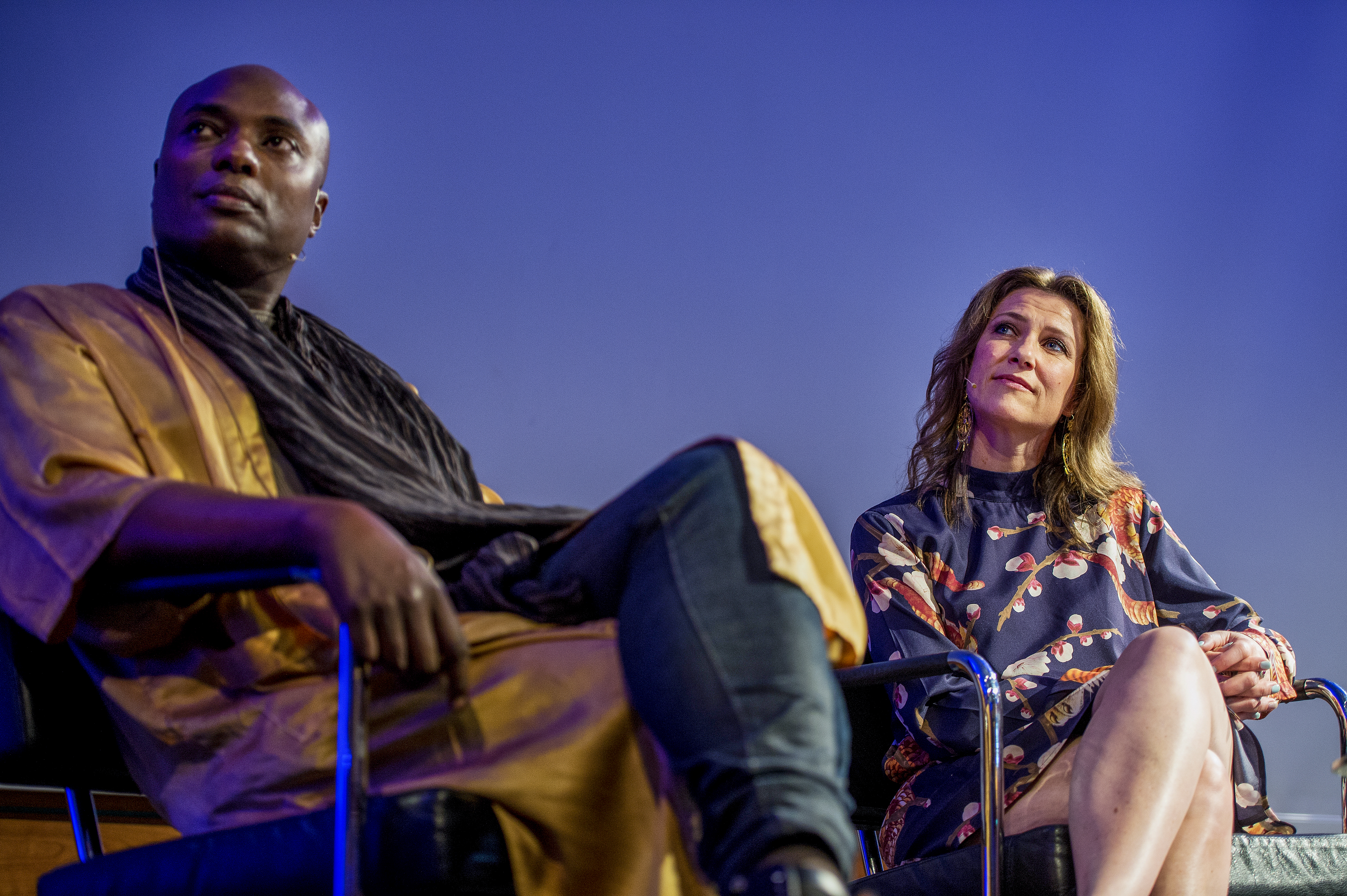 Norwegian princess Martha Louise (R) and shaman Durek Verrett (L) on stage during their session at Clarion hotel in Stavanger, Norway, 20 May 2019. EPA-EFE/Carina Johansen