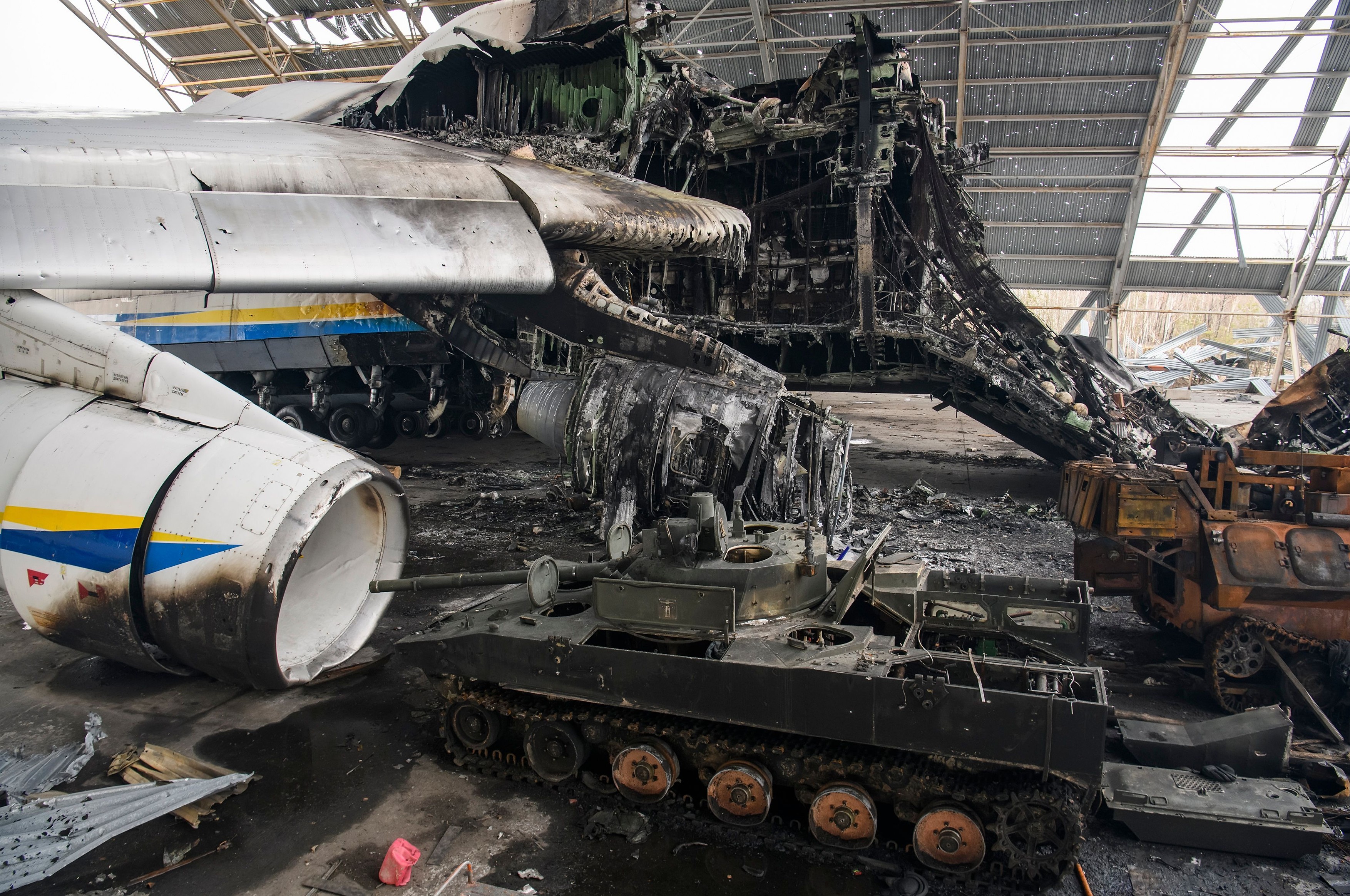 Damaged Largest Ukrainian Transport Plane Antonov An-225 Mriya (Dream) At The Gostomel Airfield Near Kyiv, Ukraine - 04 Apr 2022