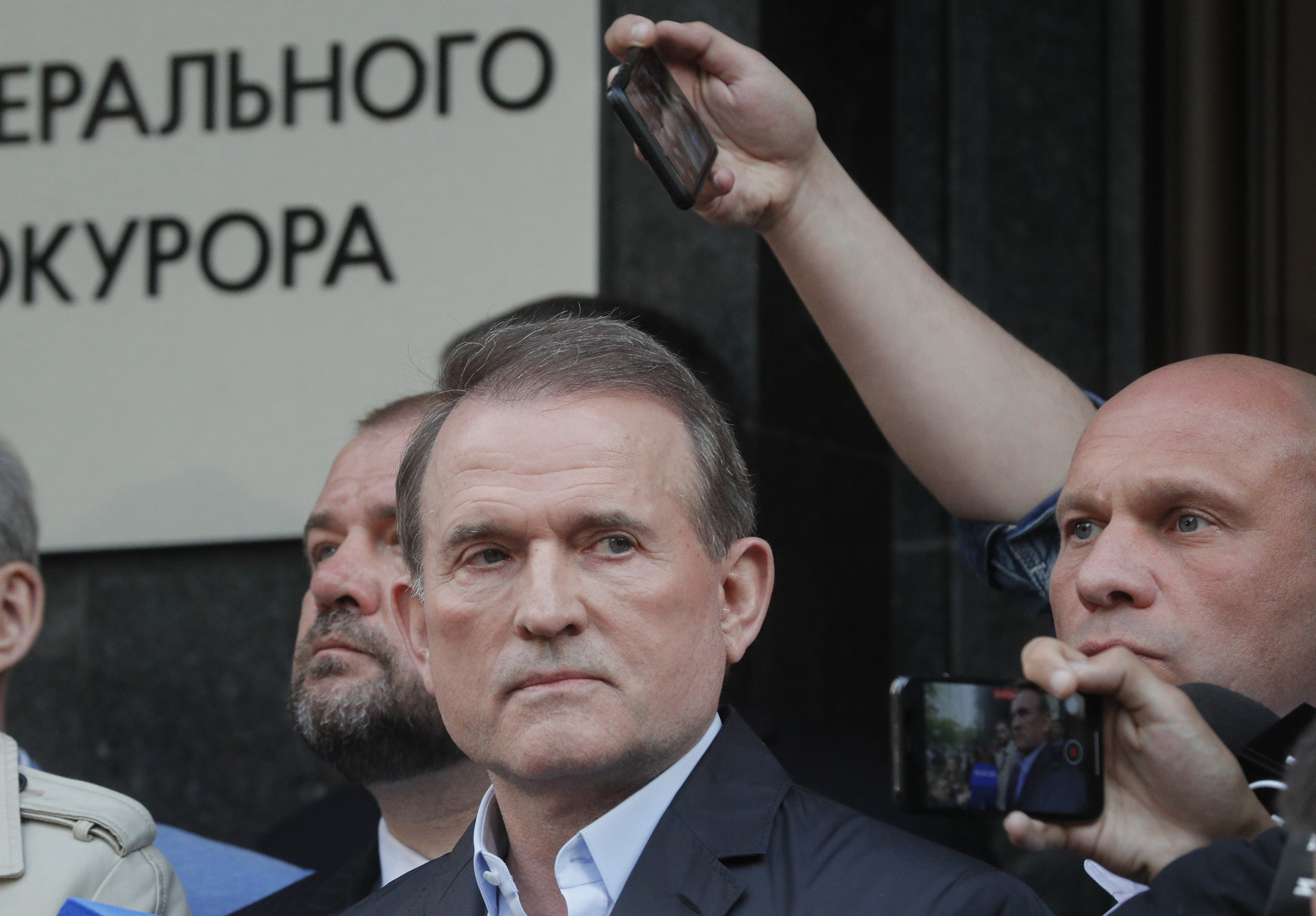 Viktor Medvedchuk, the Ukrainian politician and a leader of the Opposition Platform-For Life party, answers questions of journalists after his visit to the Prosecutor General office in Kiev