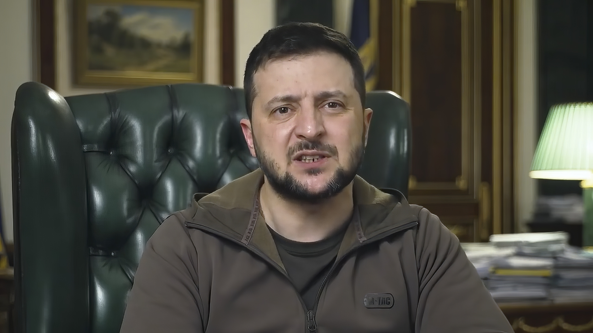 In this image from video provided by the Ukrainian Presidential Press Office, Ukrainian President Volodymyr Zelenskyy speaks from Kyiv, Ukraine, Saturday, April 16, 2022. (Ukrainian Presidential Press Office via AP)