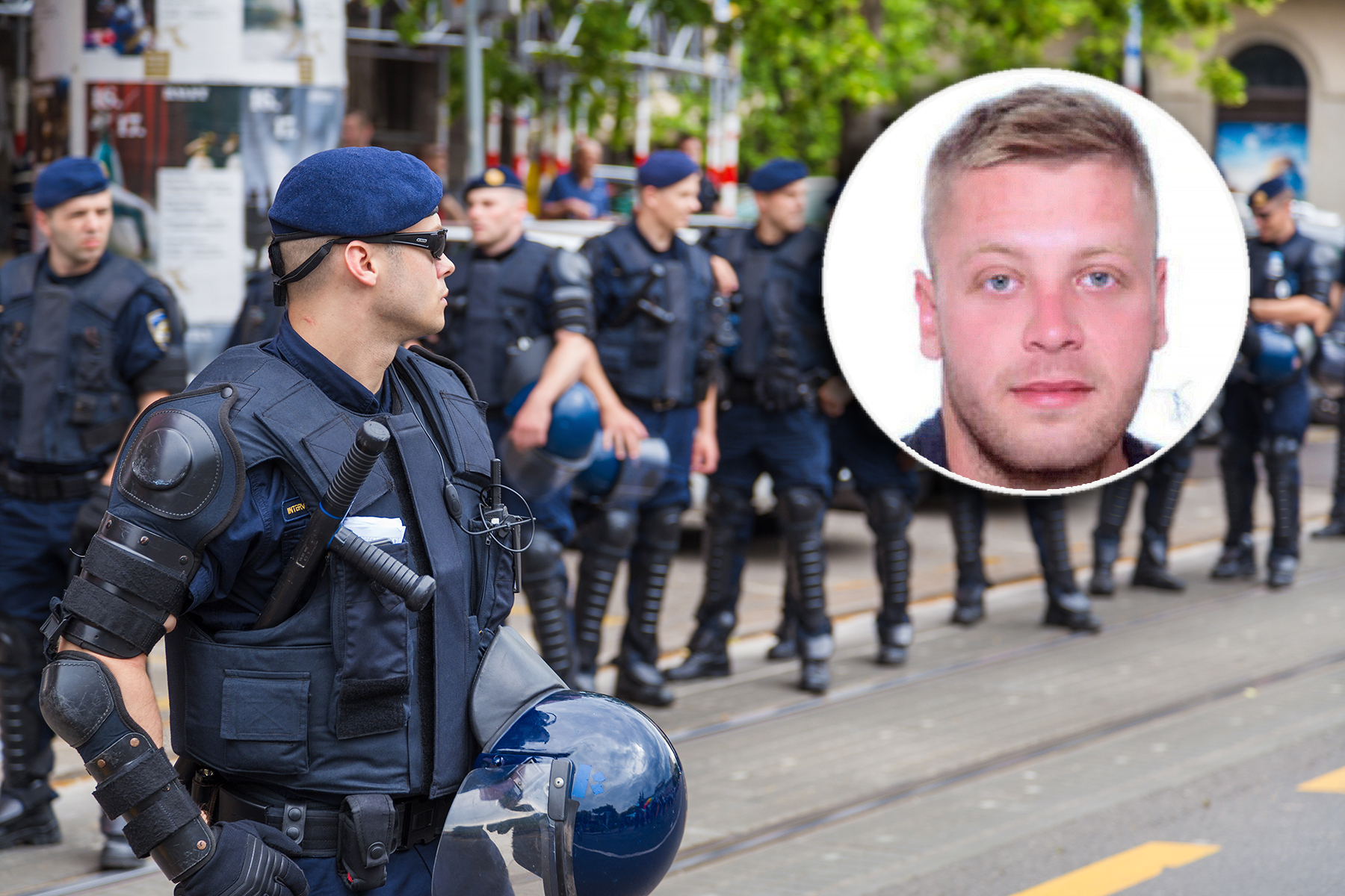 Matej Periš i hrvatska policija    ZAGREB, CROATIA - JUNE 11, 2016: 15th Zagreb pride. Intervention policemen in front of Mimara museum securing LGBTIQ activists and supporters during the gay pride.