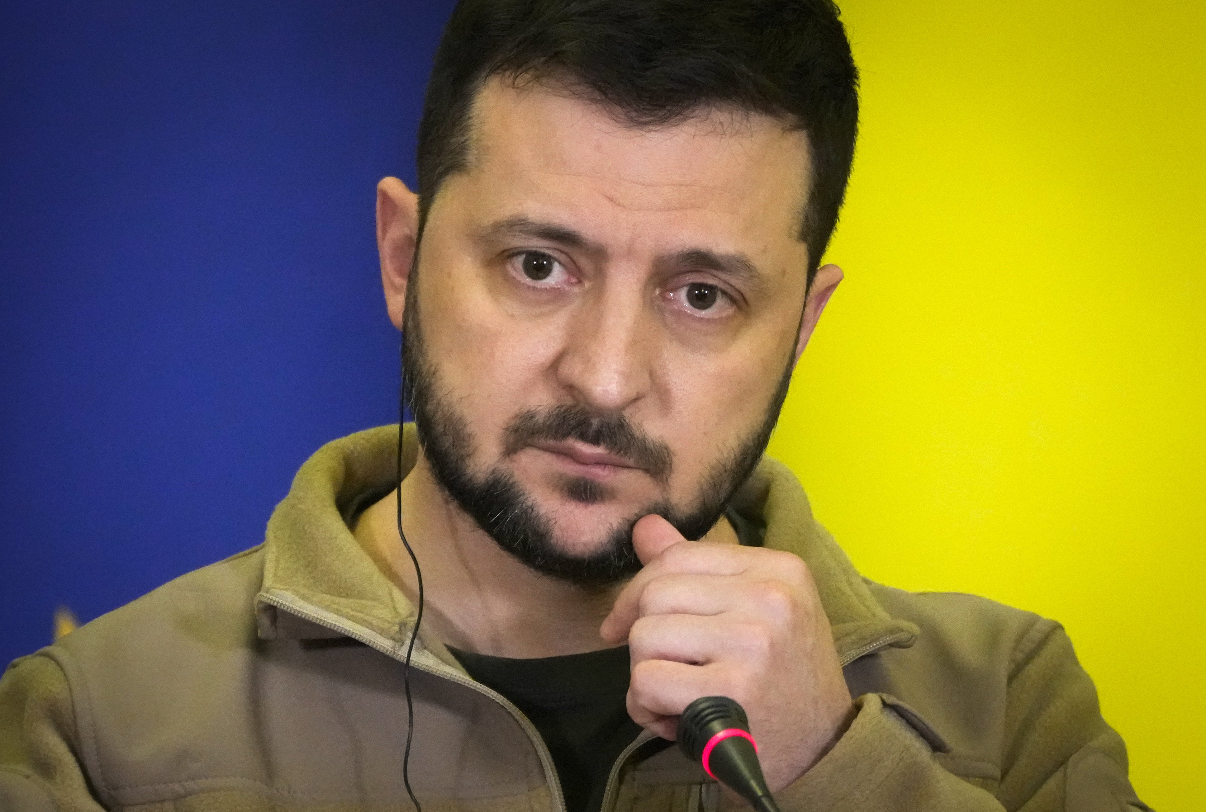 Ukrainian President Volodymyr Zelenskyy attends a news conference with European Council President Charles Michel after their meeting in Kyiv, Ukraine, Wednesday, April 20, 2022. (AP Photo/Efrem Lukatsky)