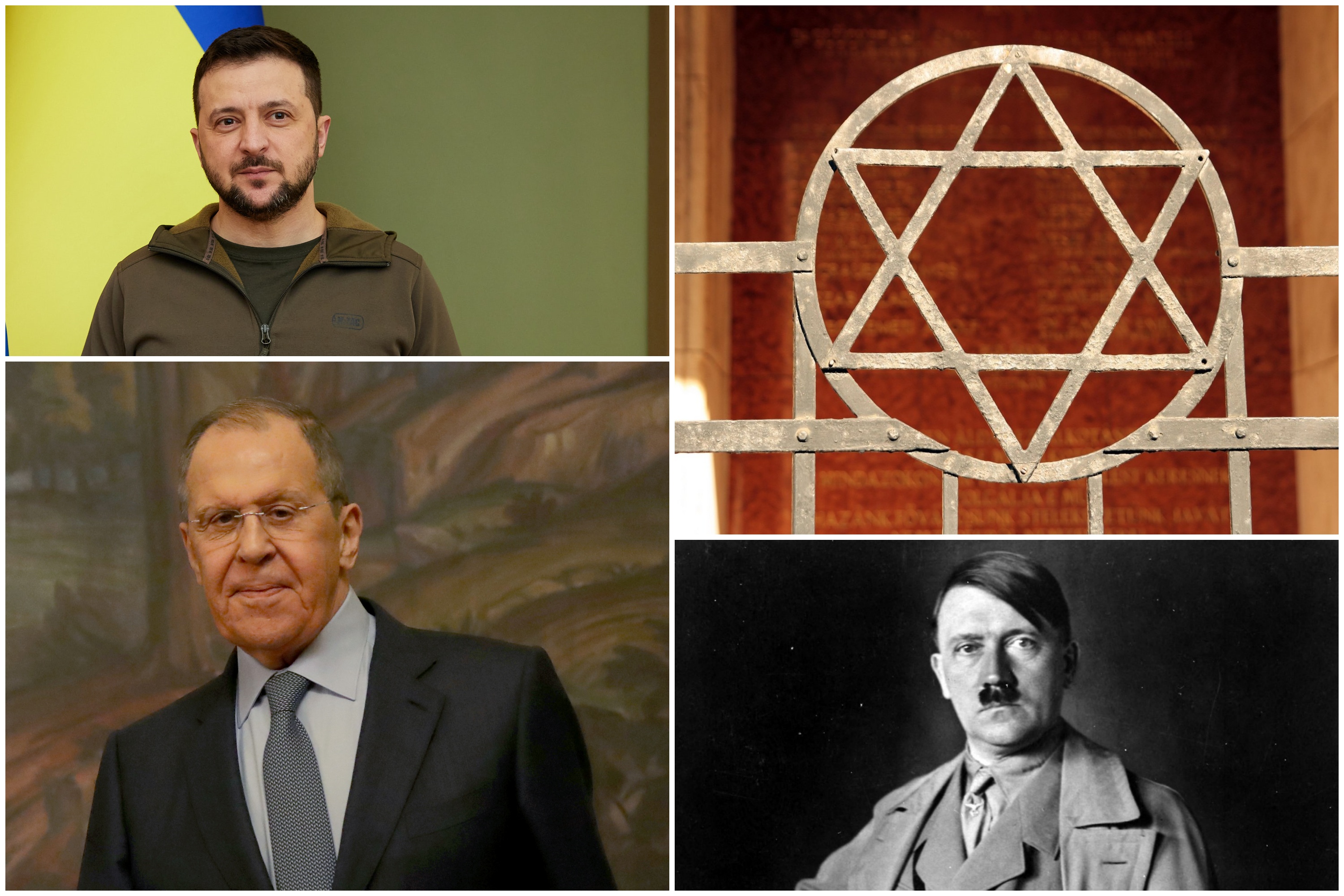 Vladimir Zelenski, Sergej Lavrov, Adolf Hitler, Davidova zvezda, kombo Foto: EPA-EFE/UKRAINIAN PRESIDENTIAL PRESS SERVICE/MAXIM SHIPENKOV/marcos alvarado / Alamy / Alamy / Roger-Viollet via AFP / Roger Viollet / Profimedia