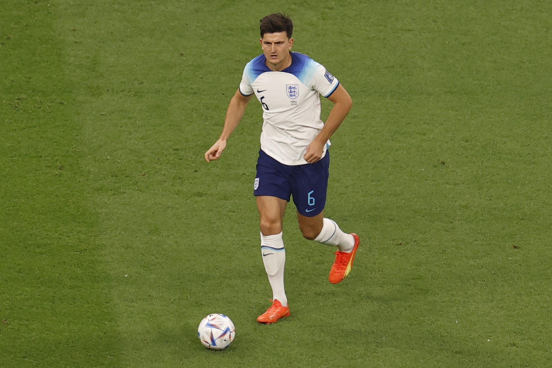 epa10359882 Harry Maguire of England in action during the FIFA World Cup 2022 quarter final soccer match between England and France at Al Bayt Stadium in Al Khor, Qatar, 10 December 2022.  EPA-EFE/Rungroj Yongrit