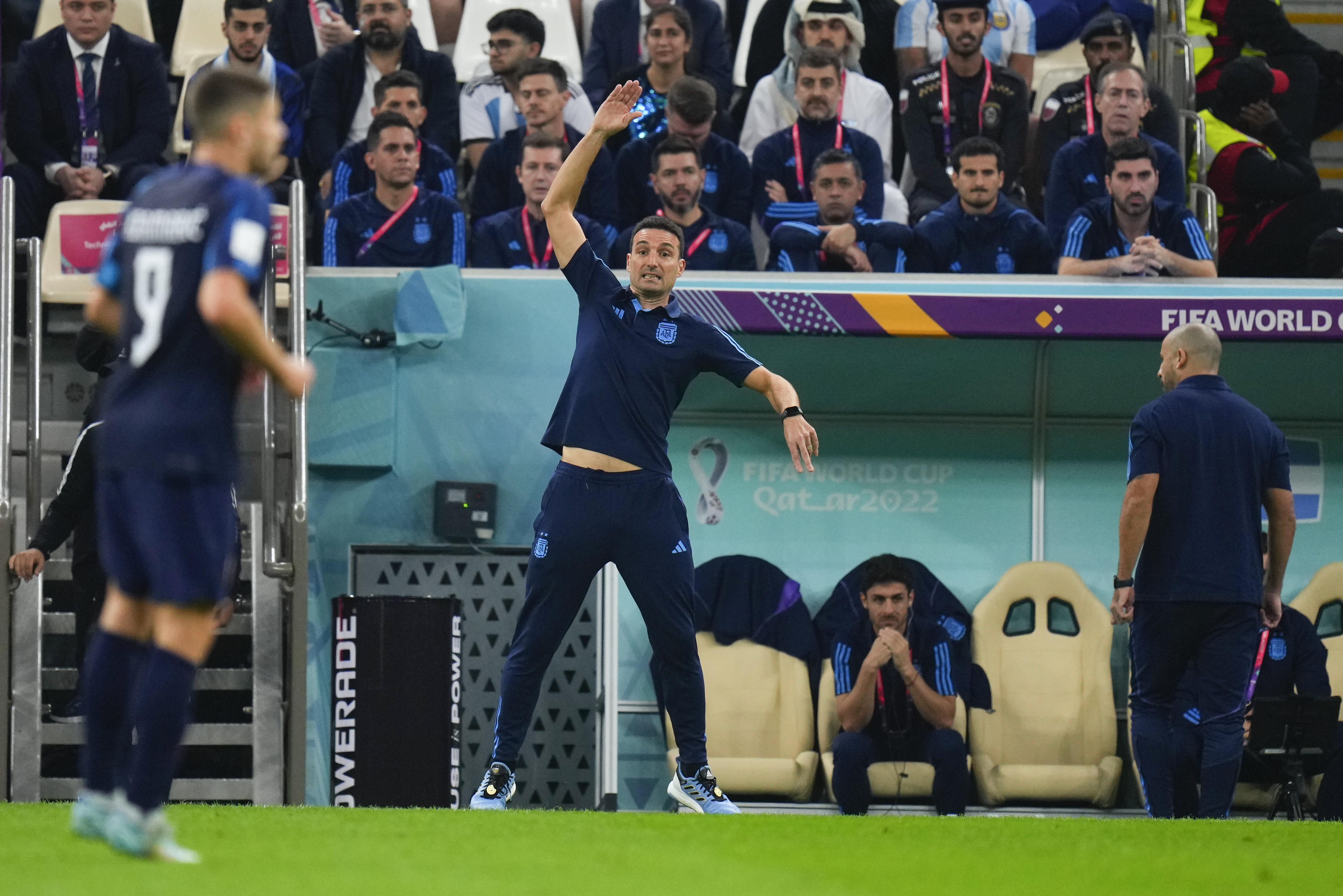 Argentina's head coach Lionel Scaloni reacts during the World Cup semifinal soccer match between Argentina and Croatia at the Lusail Stadium in Lusail, Qatar, Tuesday, Dec. 13, 2022. (AP Photo/Petr David Josek)