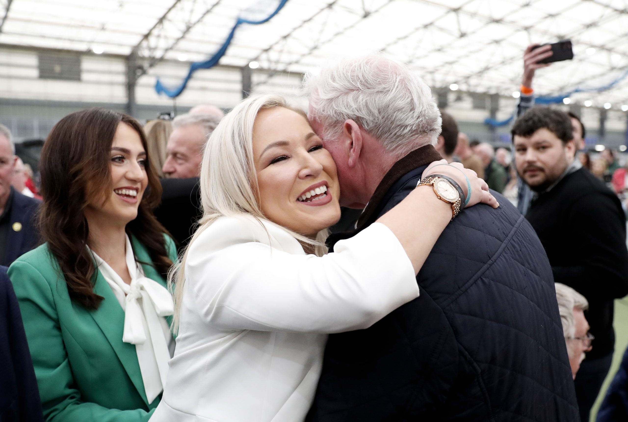 Sinn Fein's Vice President Michelle O'Neill reacts after being elected in Mid Ulster at the Medow Bank election count centre in Magherafelt, Northern Ireland, Friday, May, 6, 2022. (AP Photo/Peter Morrison)