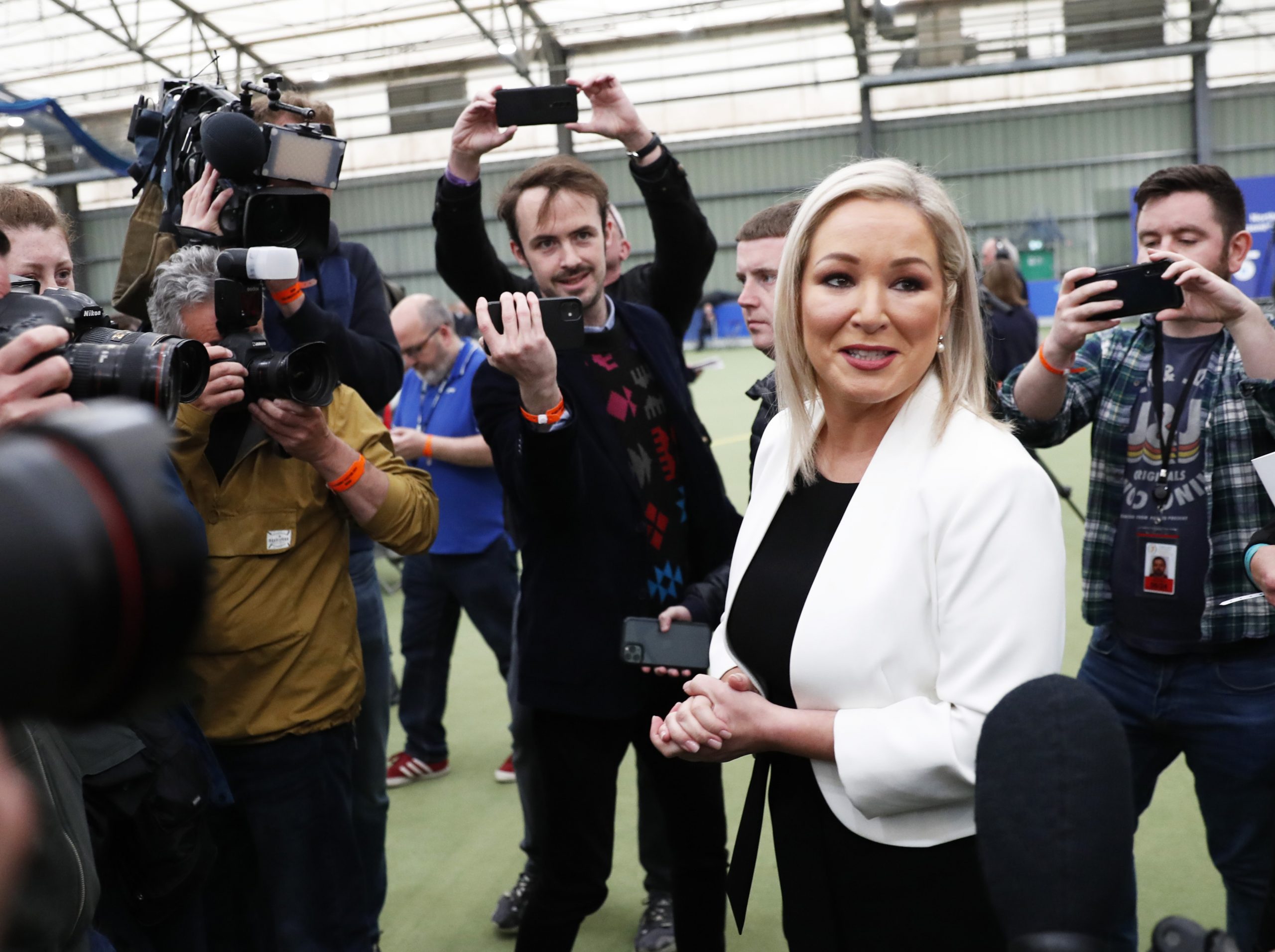 Sinn Fein's Michelle O'Neill arrives at the Medow Bank election count centre in Magherafelt , Northern Ireland, Friday, May 6, 2022. Counting is continuing across Northern Ireland in the Assembly elections. (AP Photo/Peter Morrison)
