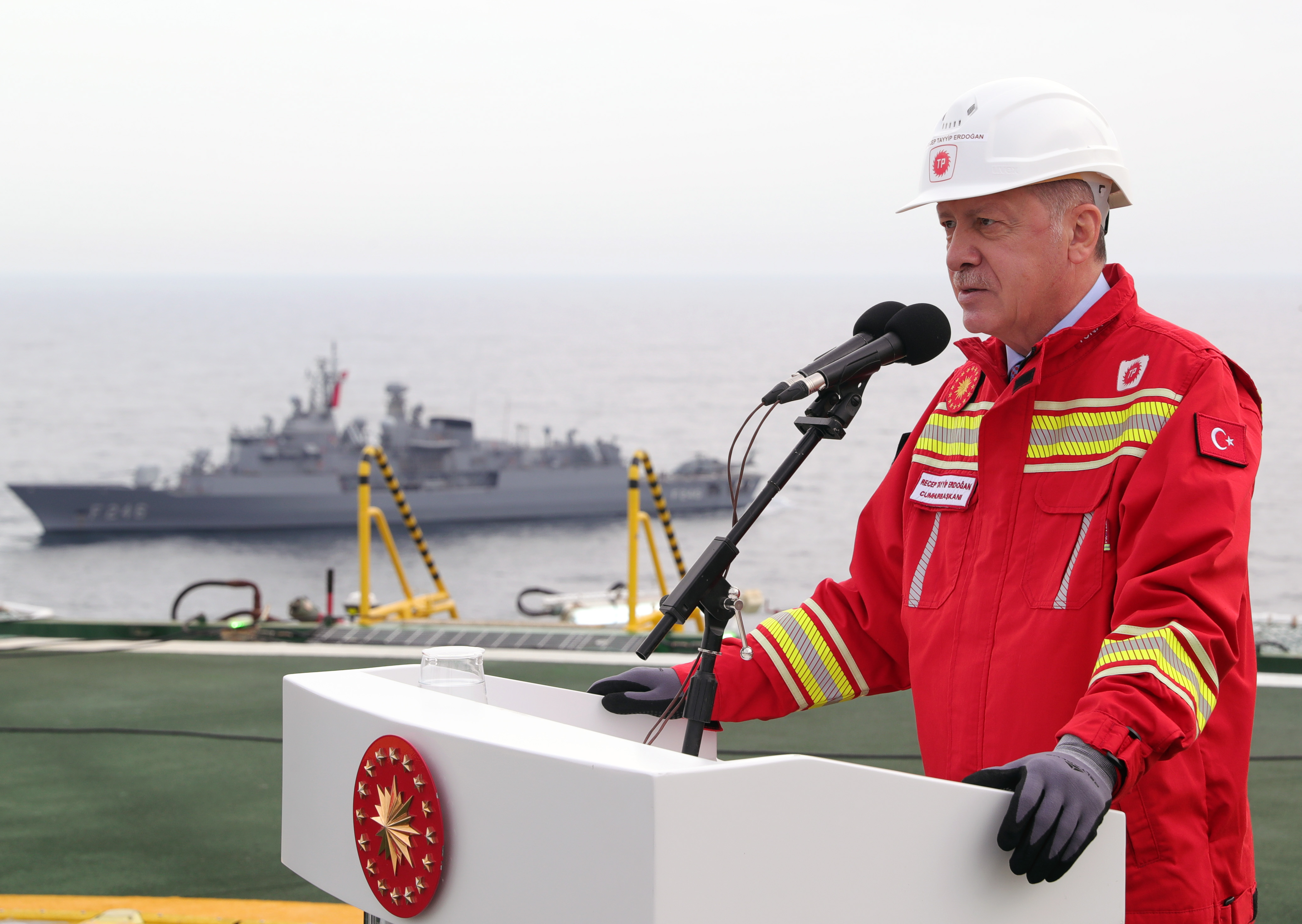 Turkish President Recep Tayyip Erdogan visits Turkish drilling vessel Fatih in Zonguldak