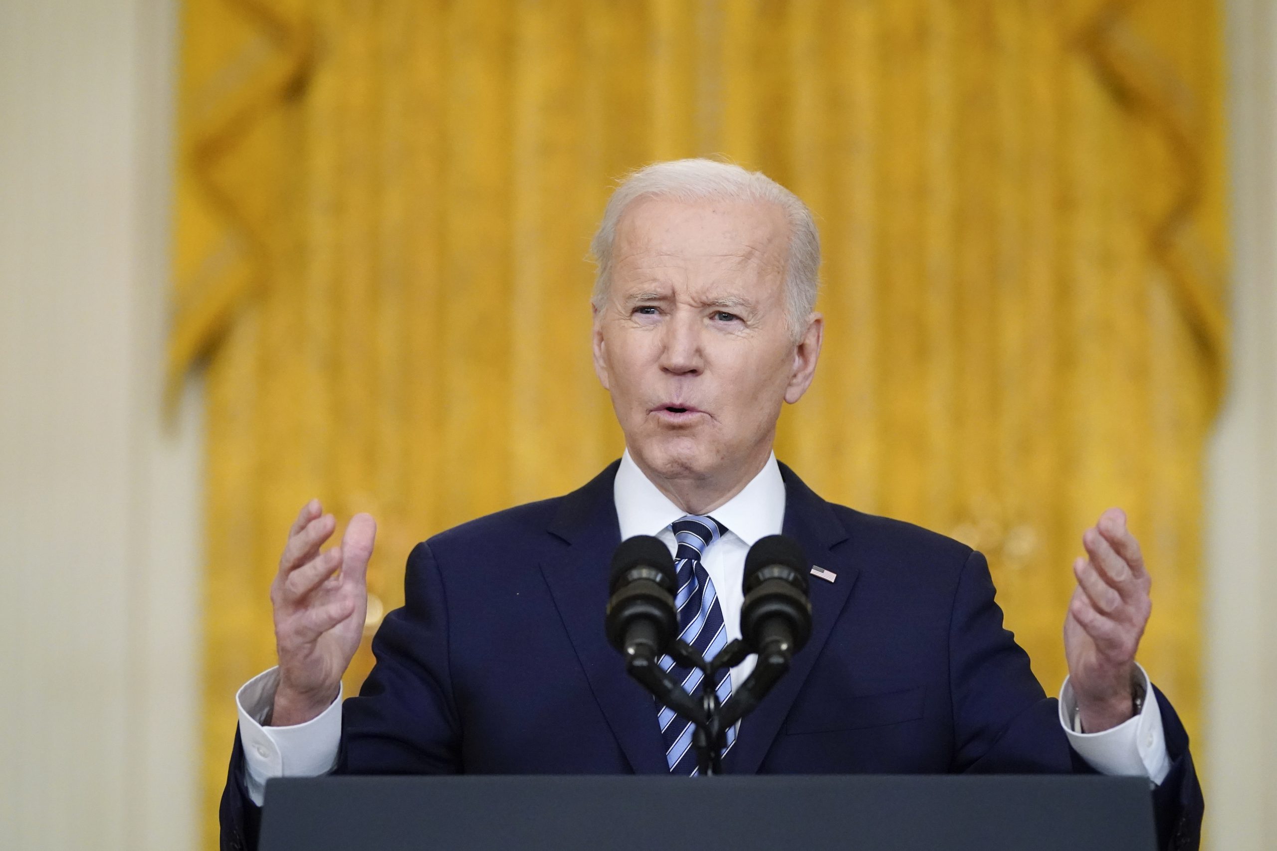 President Joe Biden speaks about the Russian invasion of Ukraine in the East Room of the White House, Thursday, Feb. 24, 2022, in Washington. (AP Photo/Alex Brandon)