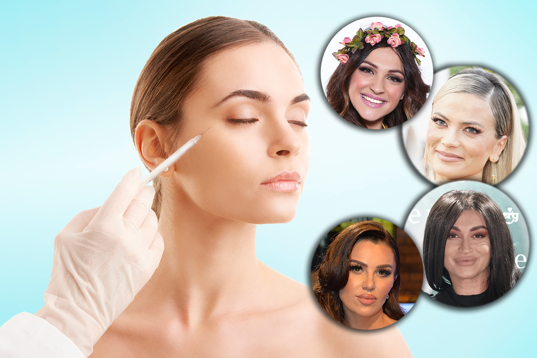 Portrait of an attractive young woman receiving botox treatment. Isolated on light blue background.