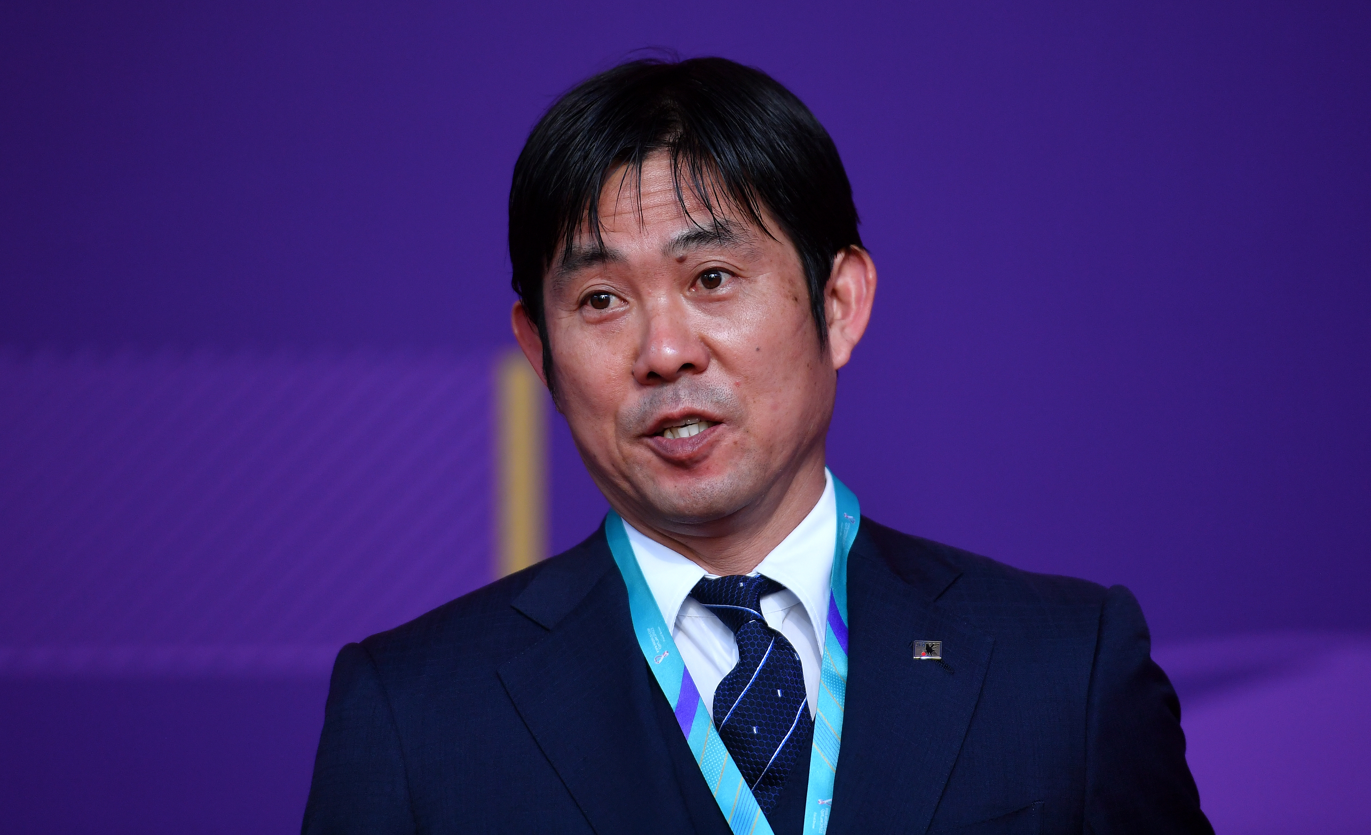epa09863734 Head coach of the Japanese national team Hajime Moriyasu arrives for the main draw for the FIFA World Cup 2022 in Doha, Qatar, 01 April 2022.  EPA-EFE/NOUSHAD THEKKAYIL