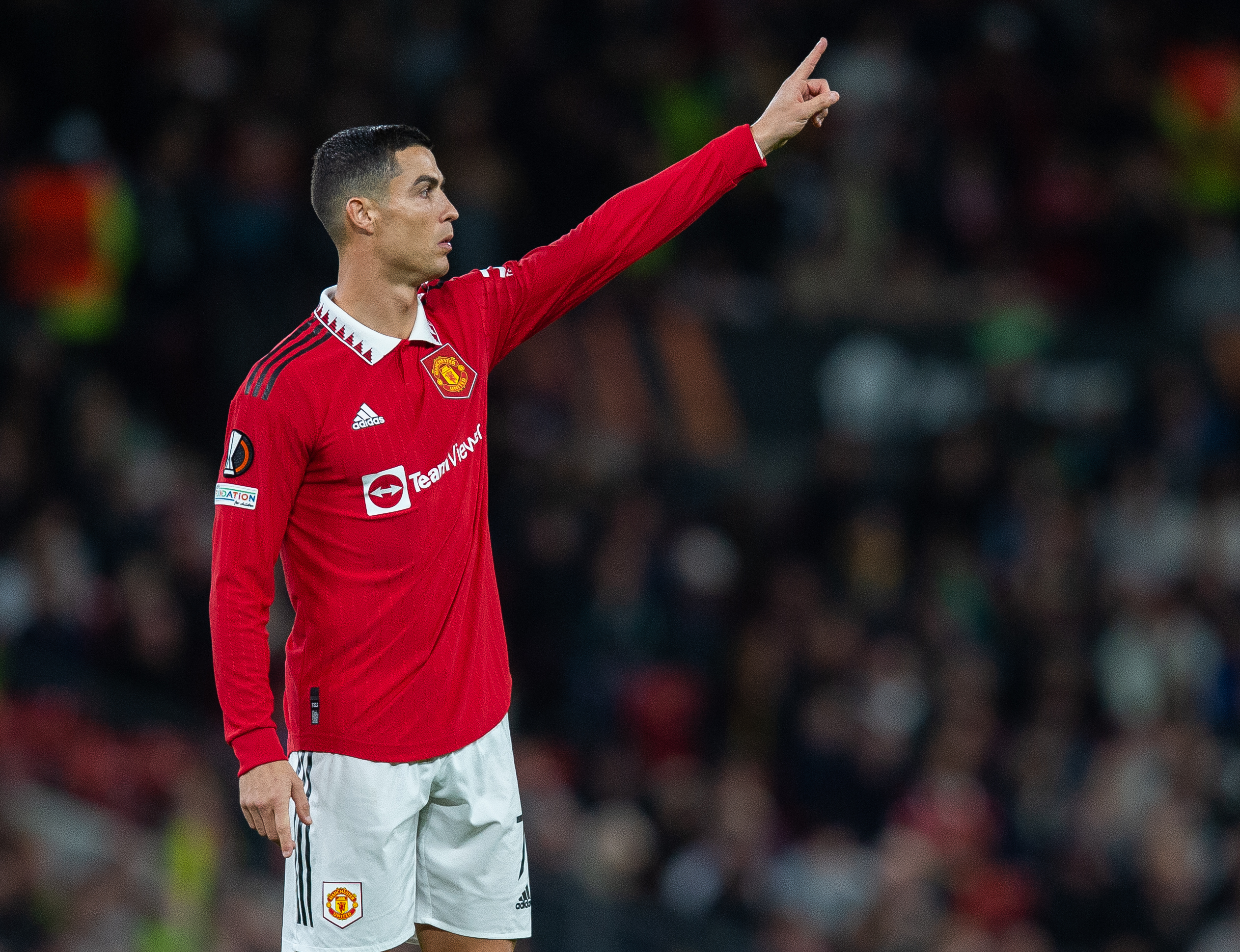 epa10270181 Manchester United's Cristiano Ronaldo reacts during the UEFA Europa League group E soccer match between Manchester United and Sheriff Tiraspol, in Manchester, Britain, 27 October 2022.  EPA-EFE/PETER POWELL .