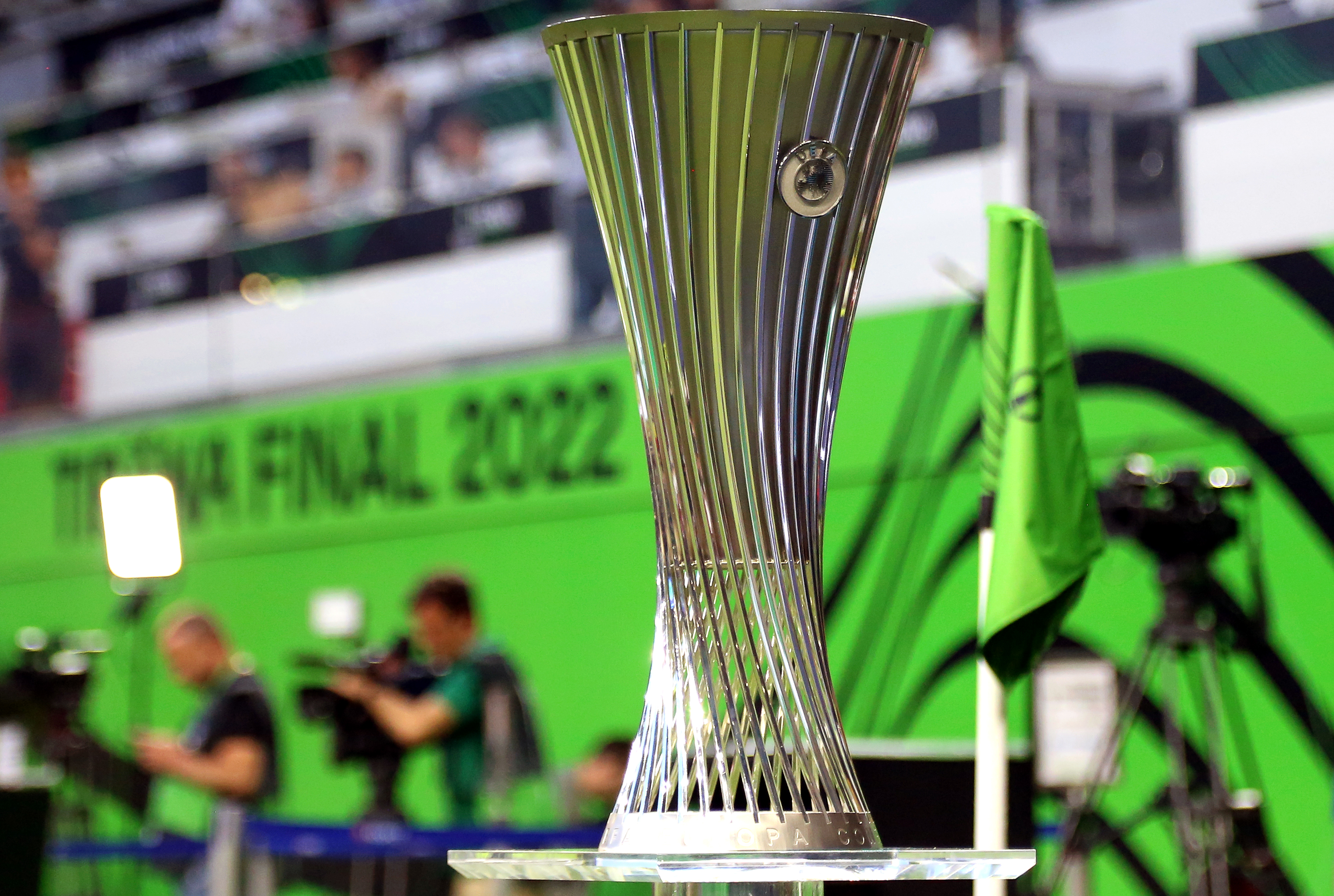 epa09975384 The trophy on display prior to the UEFA Europa Conference League final between AS Roma and Feyenoord Rotterdam at National Arena in Tirana, Albania, 25 May 2022.  EPA-EFE/Malton Dibra
