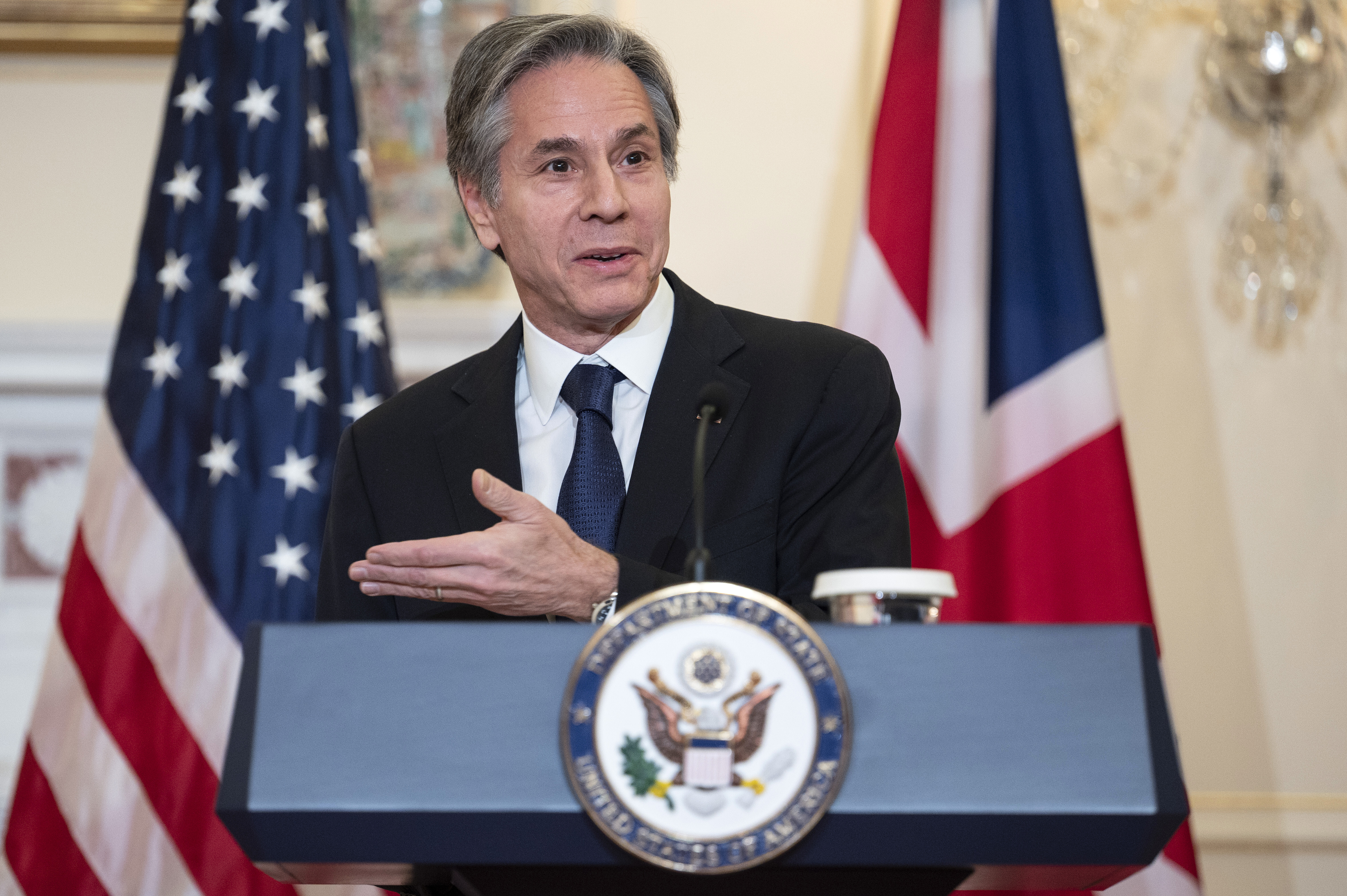 Secretary of State Antony Blinken speaks during a press conference with British Foreign Secretary Elizabeth Truss, not shown, in the Benjamin Franklin Room at the State Department, Wednesday, March 9, 2022, in Washington. (Jim Watson, Pool via AP)