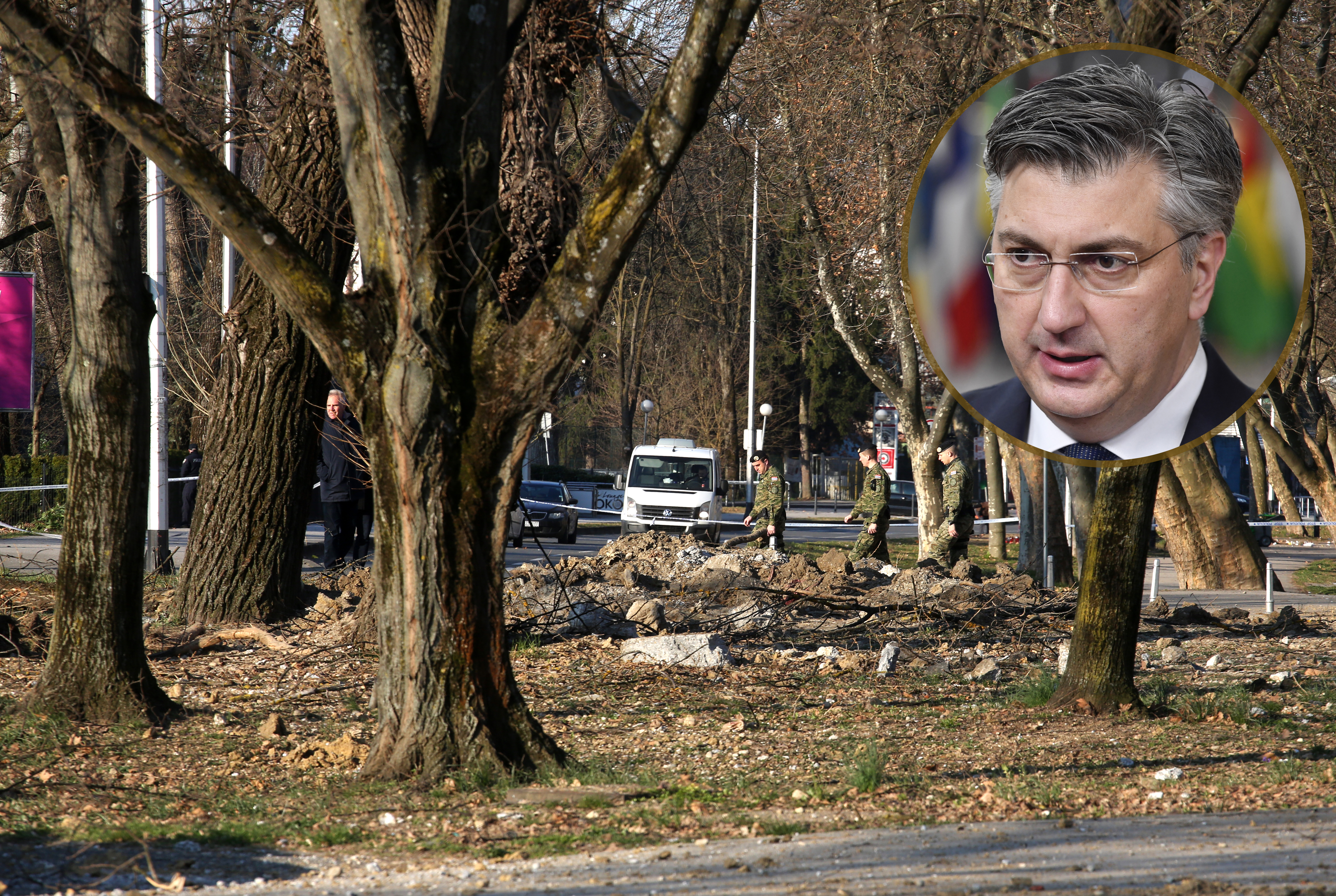 epa09816688 Croatian soldiers investigate the site where a military drone crashed in Zagreb, Croatia, 11 March 2022. The Croatian Defense Ministry confirmed that an unidentified military drone crashed in downtown Zagreb on 11 March.  EPA-EFE/ANTONIO BAT