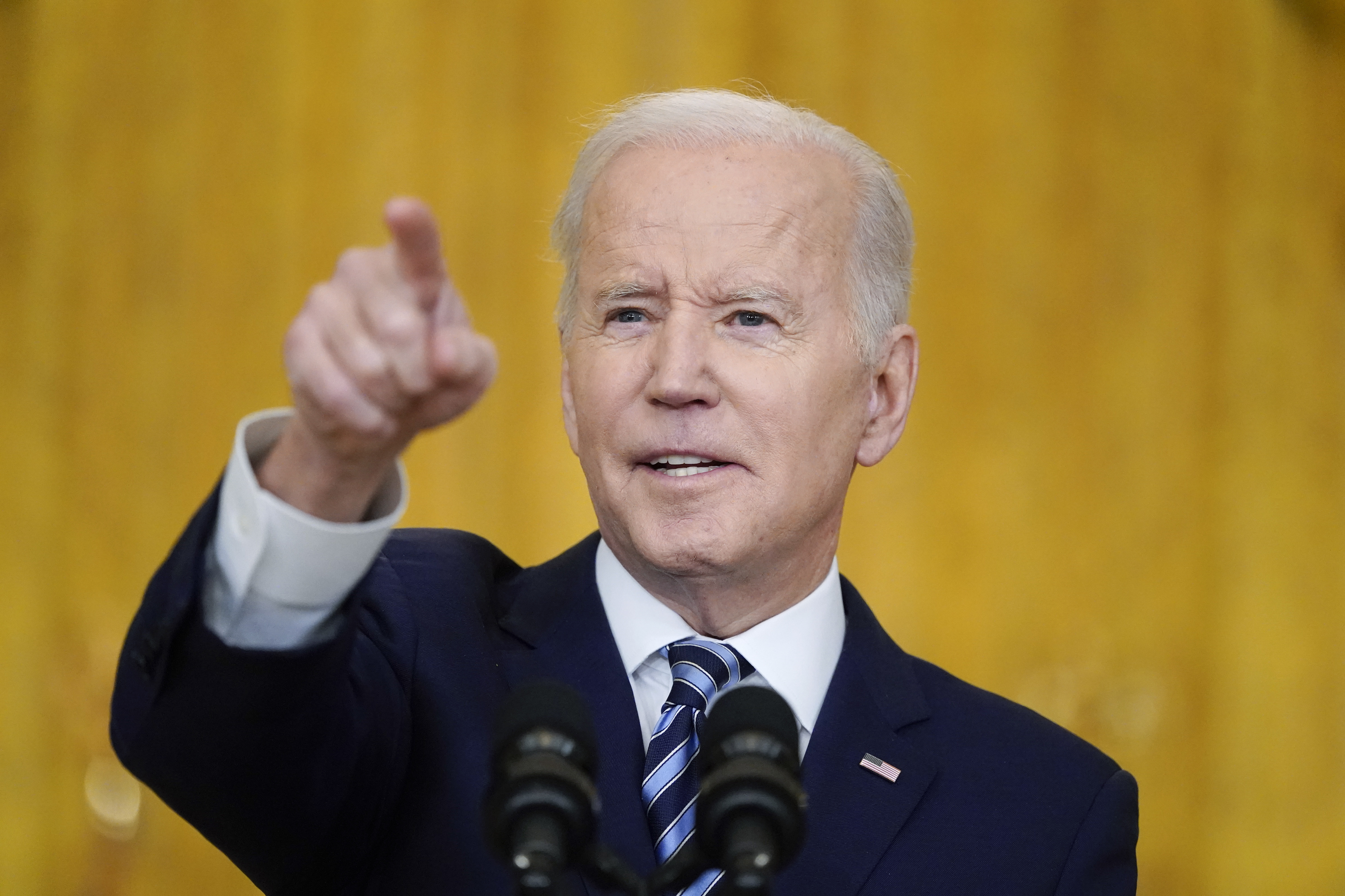 President Joe Biden calls on reporters for questions while speaking about the Russian invasion of Ukraine in the East Room of the White House, Thursday, Feb. 24, 2022, in Washington. (AP Photo/Alex Brandon)