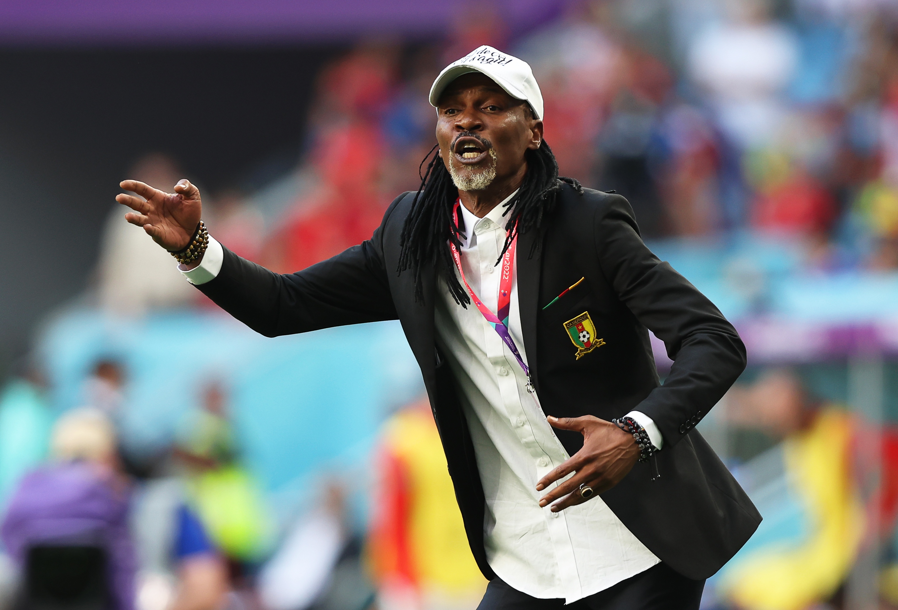 epa10333939 Cameroon's head coach Rigobert Song reacts during the FIFA World Cup 2022 group G soccer match between Cameroon and Serbia at Al Janoub Stadium in Al Wakrah, Qatar, 28 November 2022.  EPA-EFE/Tolga Bozoglu