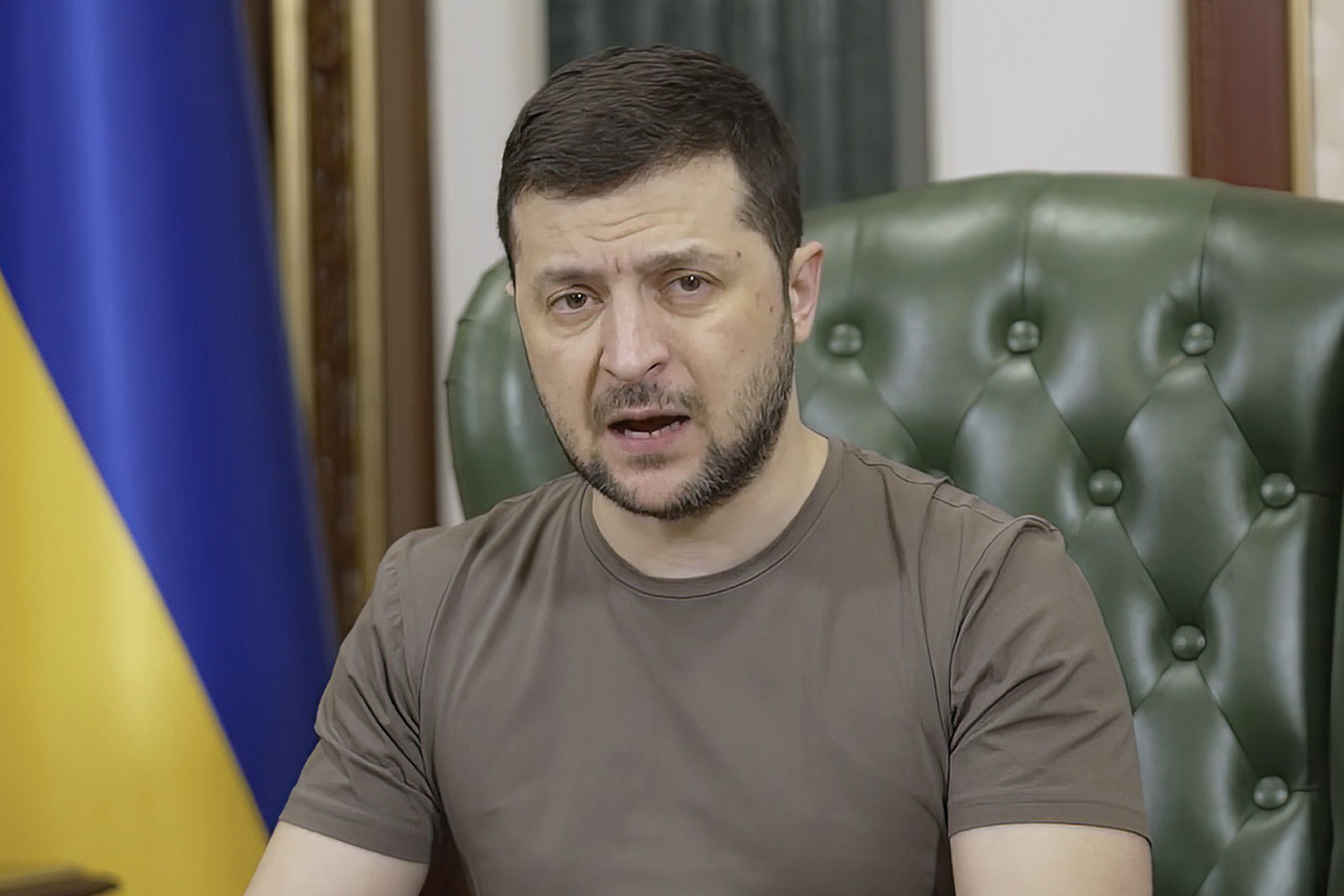In this image from video provided by the Ukrainian Presidential Press Office and posted on Facebook early Tuesday, March 15, 2022, Ukrainian President Volodymyr Zelenskyy speaks in Kyiv, Ukraine. (Ukrainian Presidential Press Office via AP)