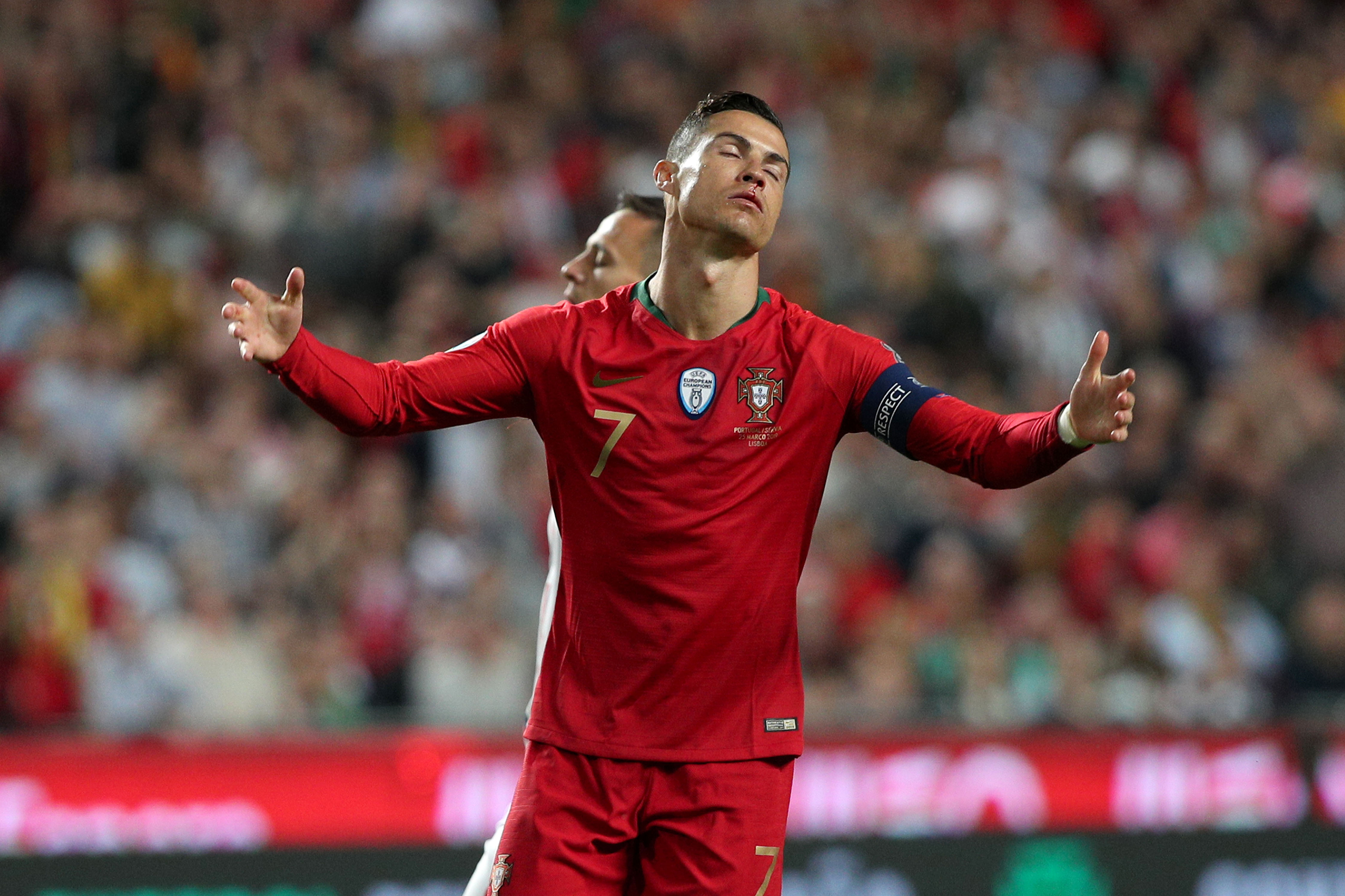Portugal's forward Cristiano Ronaldo reacts during the UEFA EURO 2020 group B qualifying football match Portugal vs Serbia, at the Luz Stadium in Lisbon, Portugal, on March 25, 2019. (photo by: Starsportphoto.com©)